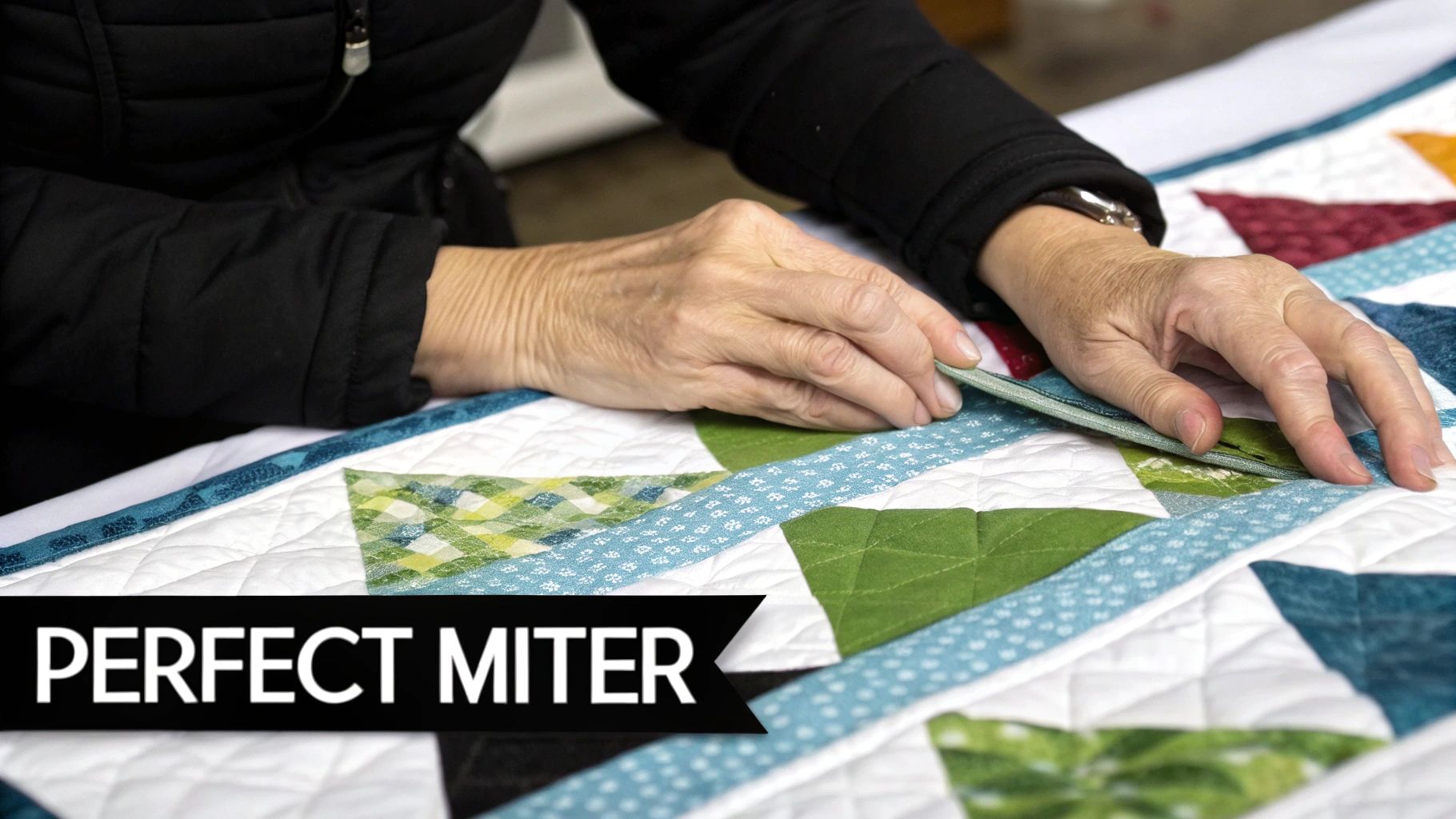Hands carefully sewing a vibrant quilt binding to achieve a perfect mitered corner.