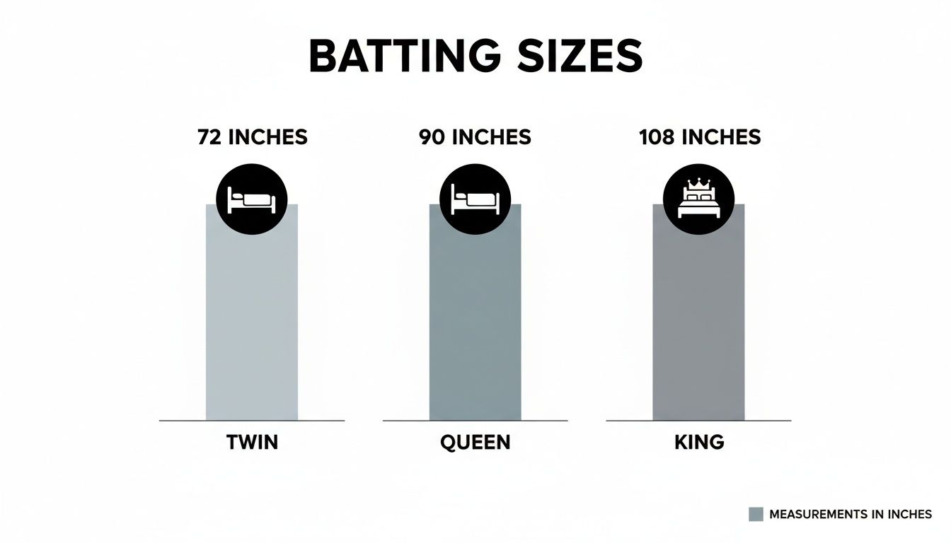 Chart illustrating common batting sizes for Twin (72 inches), Queen (90 inches), and King (108 inches) beds.