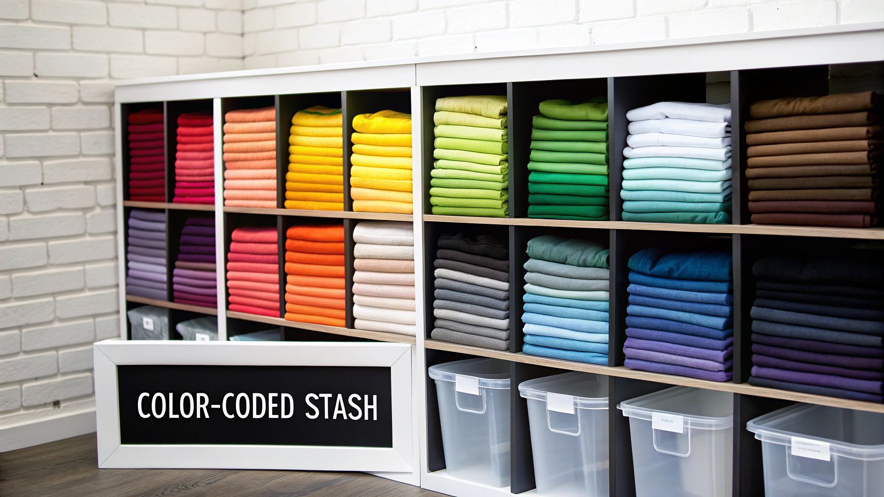 A beautifully organized shelf unit displays stacks of color-coded fabric or clothing in various hues, with a 'COLOR-CODED STASH' sign.