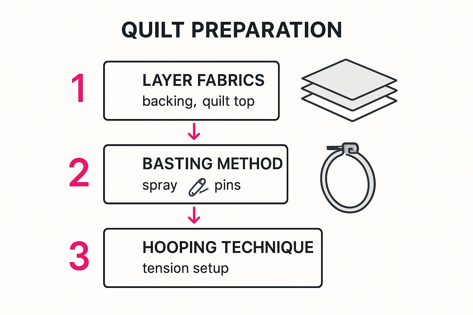 An infographic showing the three steps of quilt preparation for machine embroidery: layering, basting, and hooping.