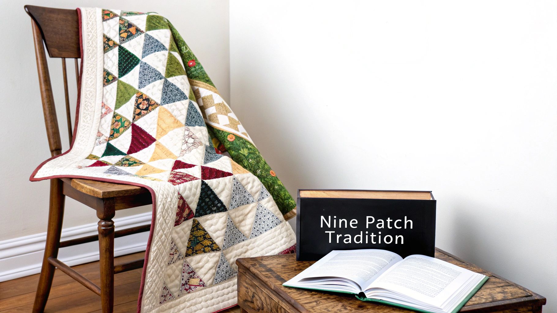 A colorful triangle-patterned quilt draped over a wooden chair, with books on a nearby wooden chest.