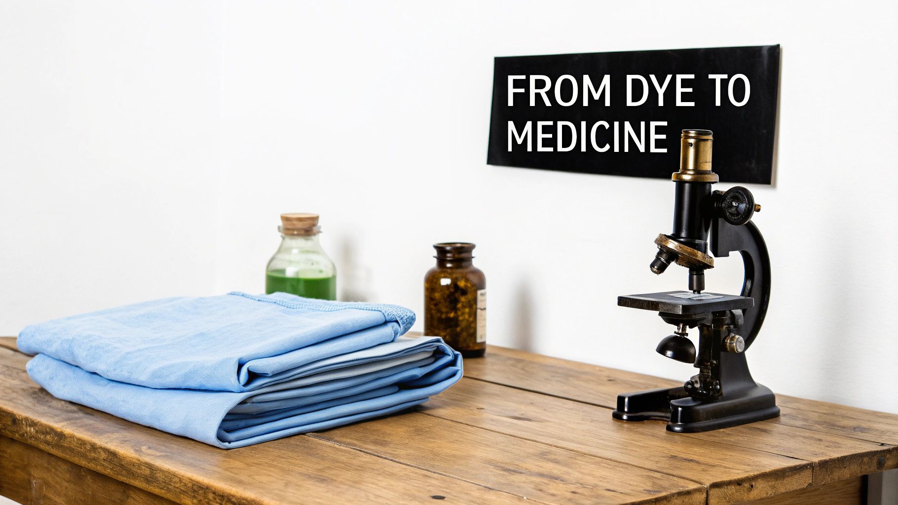 A lab setup with blue fabric, bottles, and a microscope, under a sign 'FROM DYE TO MEDICINE'.