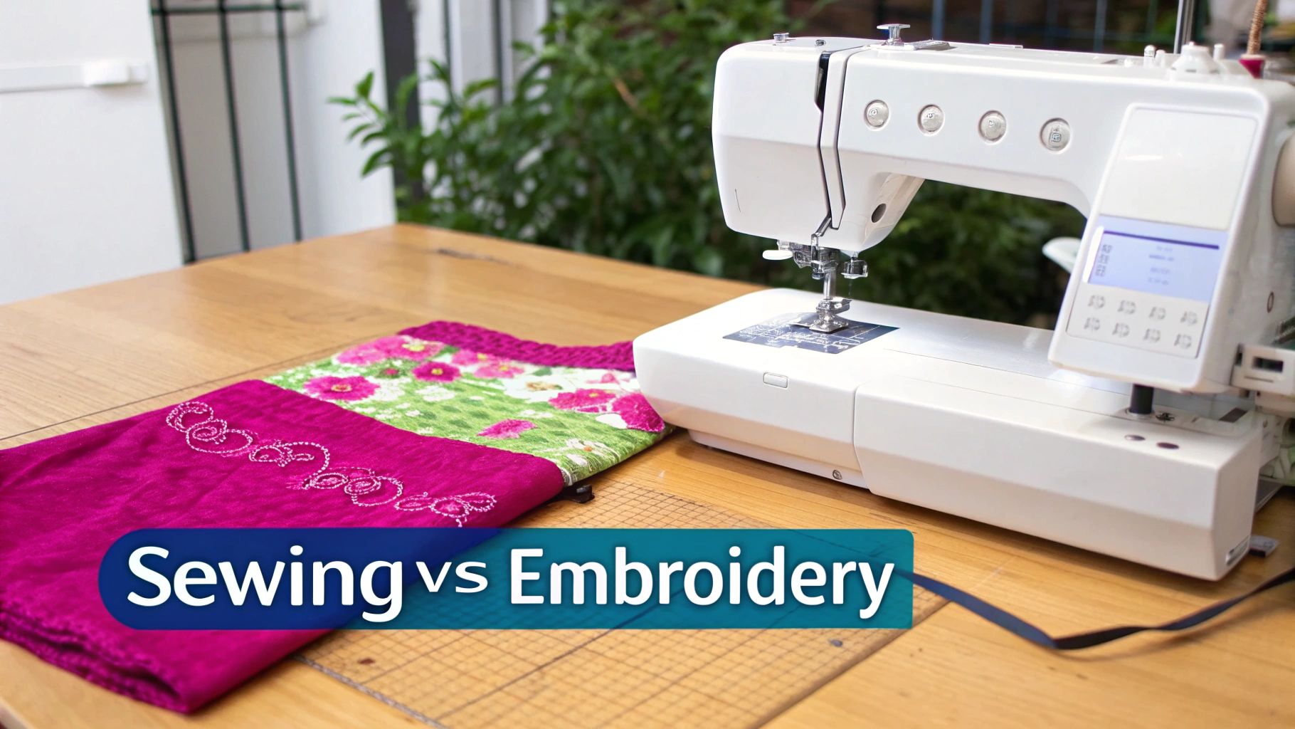 A white sewing machine on a wooden table next to a pink and green embroidered fabric, with text overlay 'Sewing vs Embroidery'.