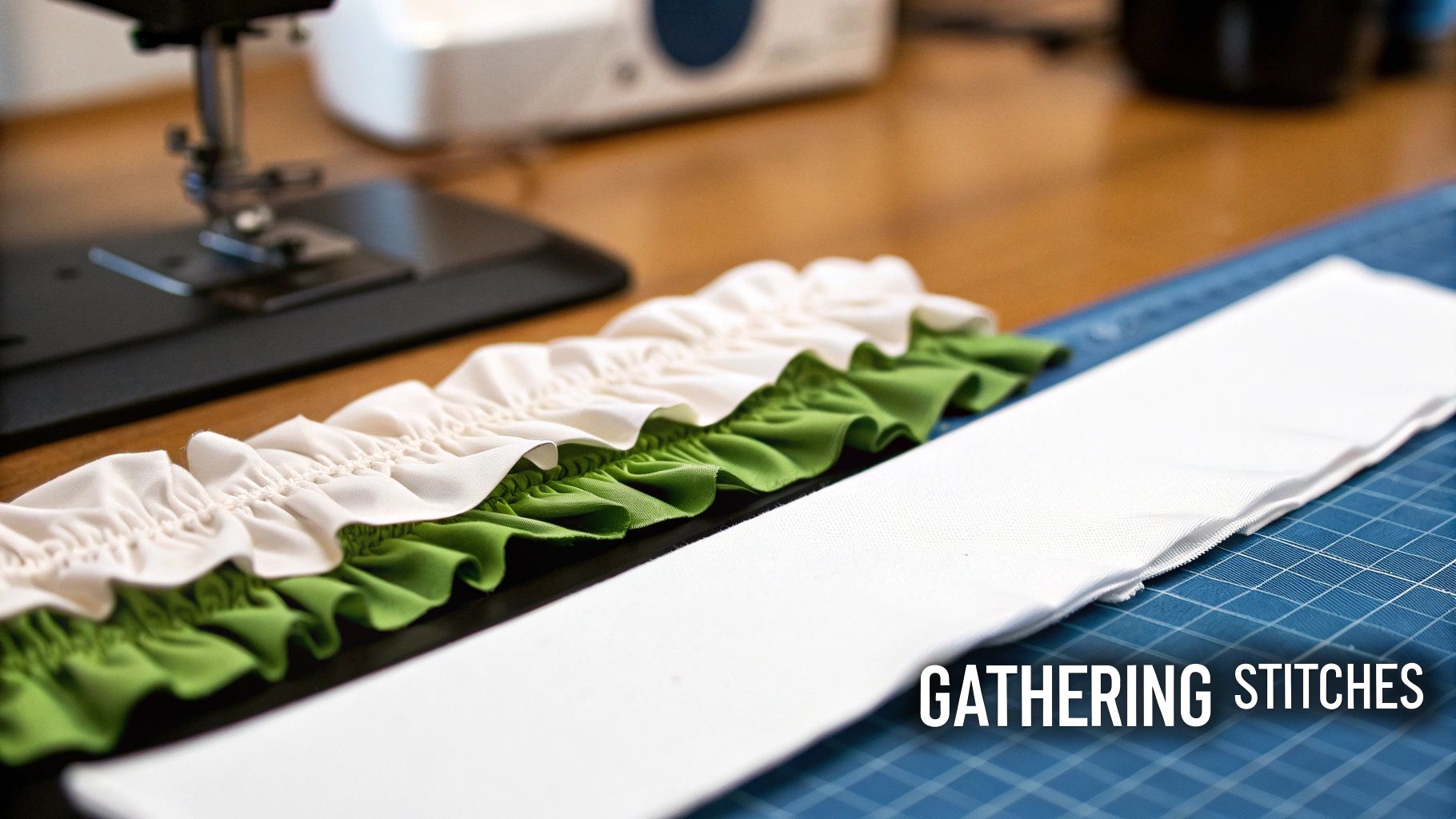 Close-up of cream and green gathered fabric ruffles and a flat white strip on a sewing mat.