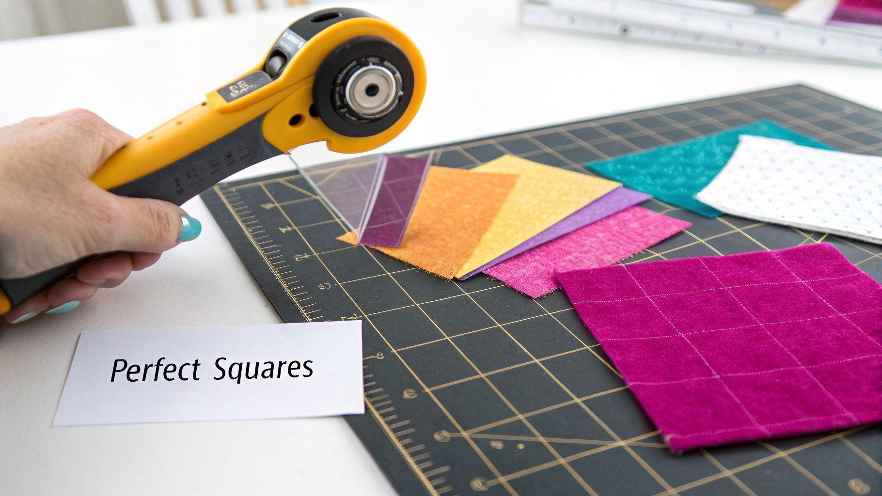 A quilter cutting fabric strips into smaller squares using a rotary cutter and ruler on a cutting mat.