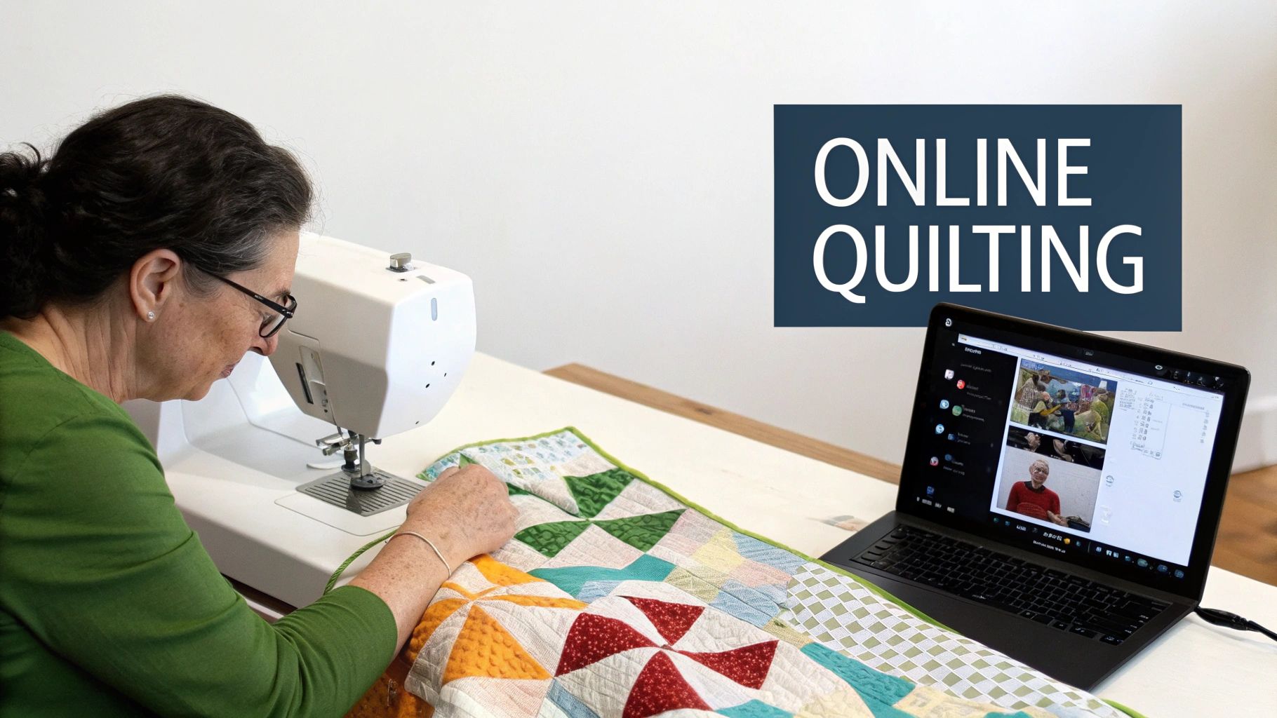 A person attending an online quilting class on a laptop.