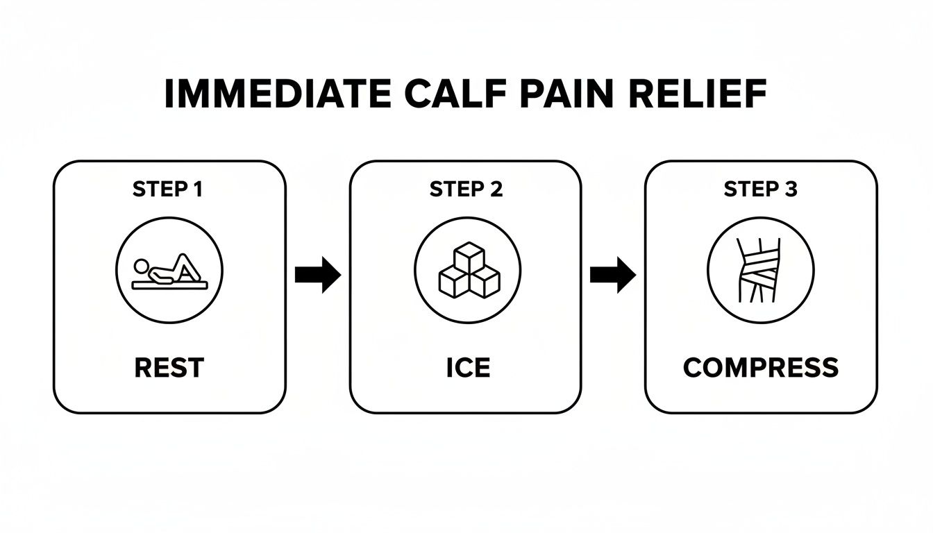 A diagram illustrating three steps for immediate calf pain relief: rest, ice, and compress.