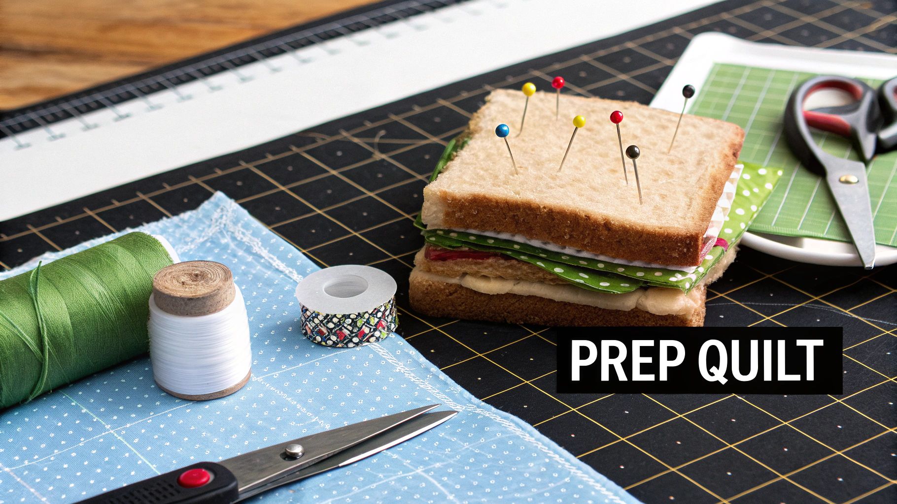A quilter's hands smoothing out a quilt sandwich on a large table.