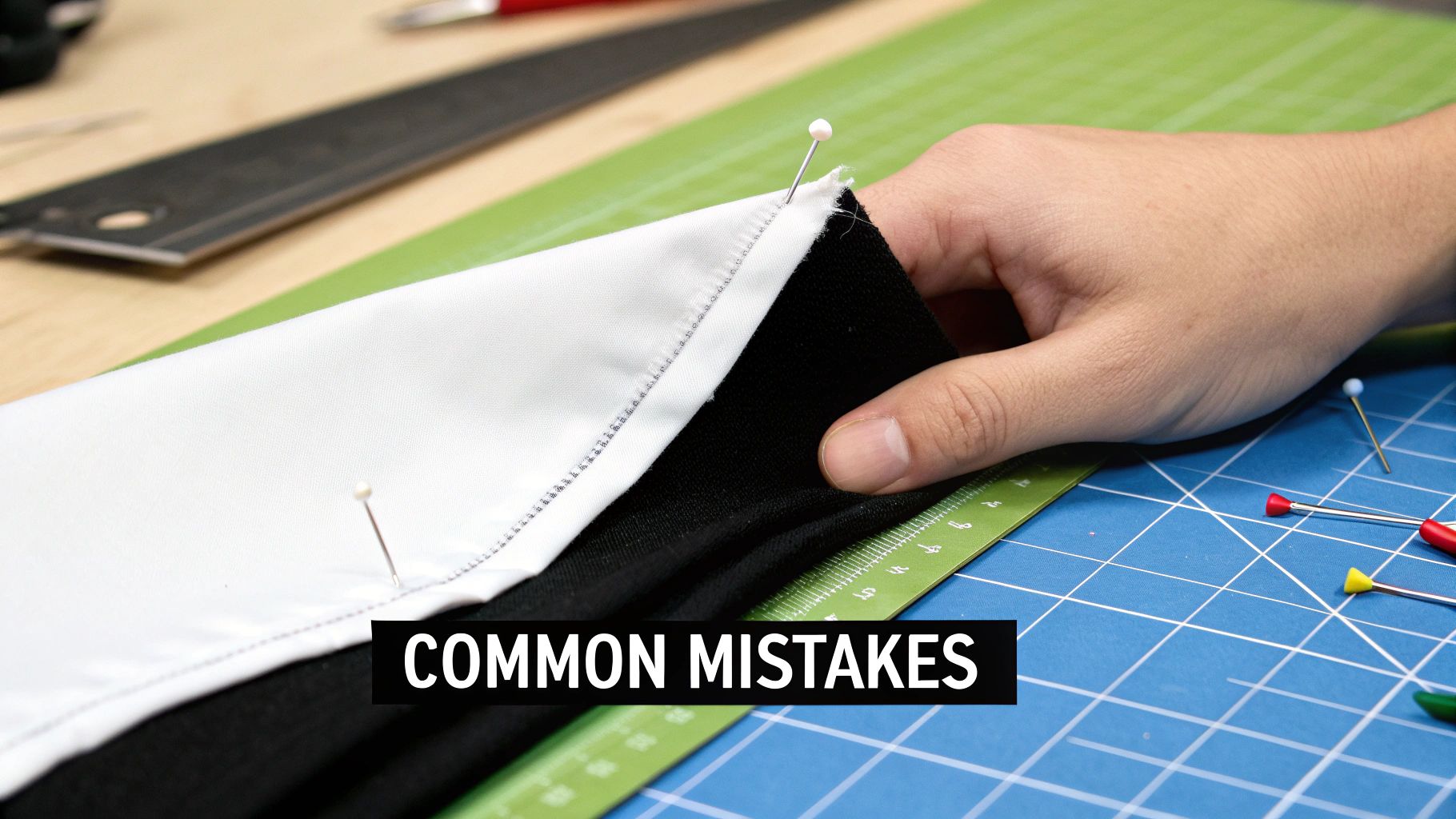 A hand carefully pinning white and black fabric together with a sewing pin on a grid cutting mat.