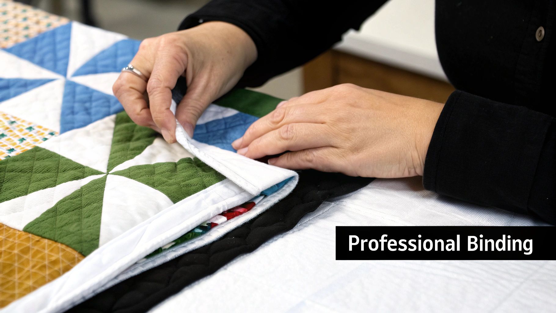 Close-up of hands professionally binding a colorful quilt with white fabric at the edge.