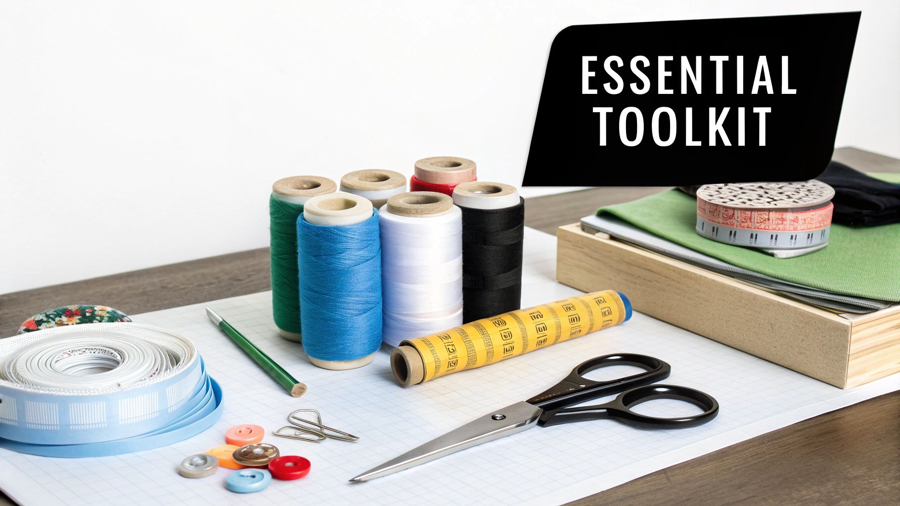 A flat lay of colorful sewing threads, scissors, buttons, and measuring tape on a grid paper for an essential toolkit.