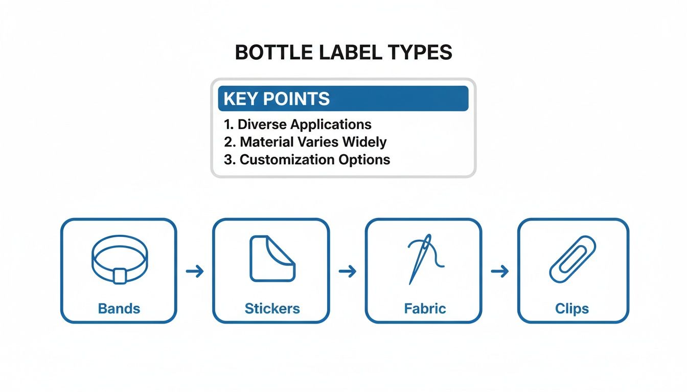 An infographic on bottle label types with key points, showing examples like bands, stickers, fabric, and clips.