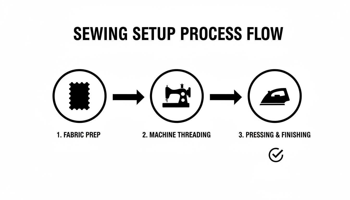 A flowchart showing the three steps of a sewing setup process: fabric prep, machine threading, and pressing & finishing.