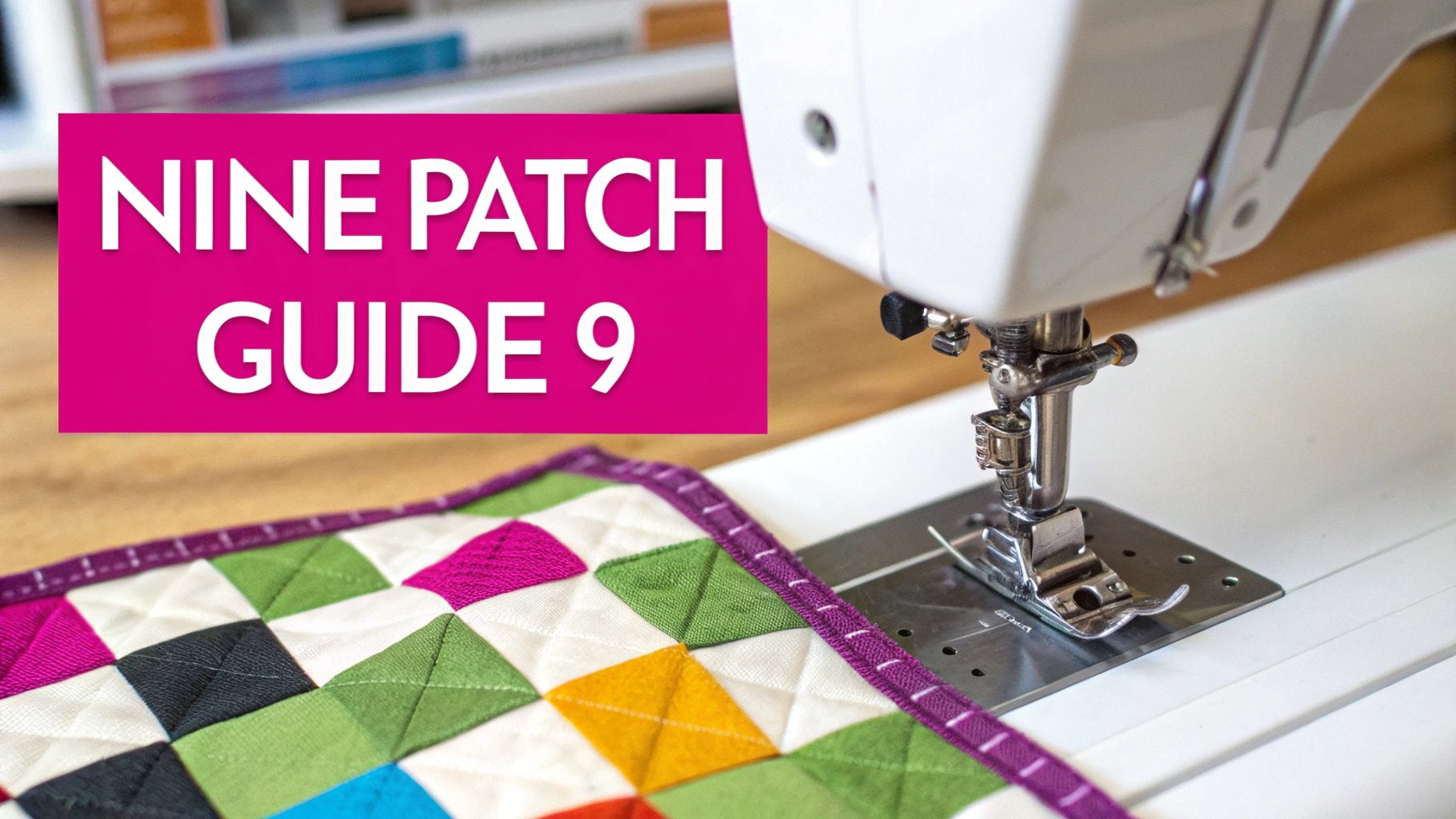 A close-up of a completed Nine Patch quilt block showing crisp seams.