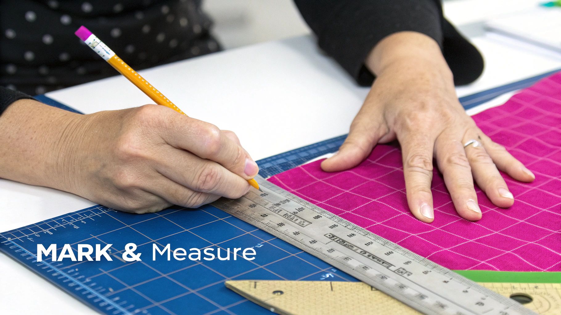 A close-up of a perfectly mitered quilt corner showing precise alignment of fabric patterns.
