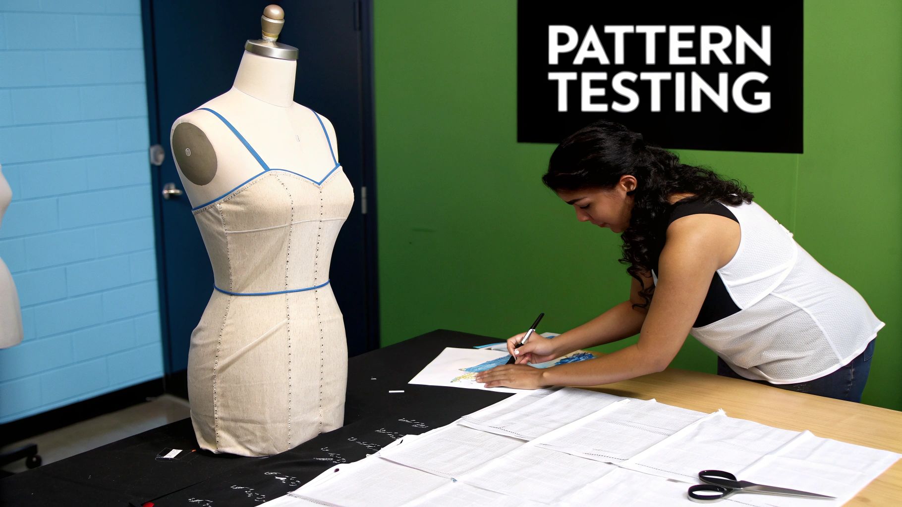 A fashion designer sketches on paper at a table next to a dress form for pattern testing.