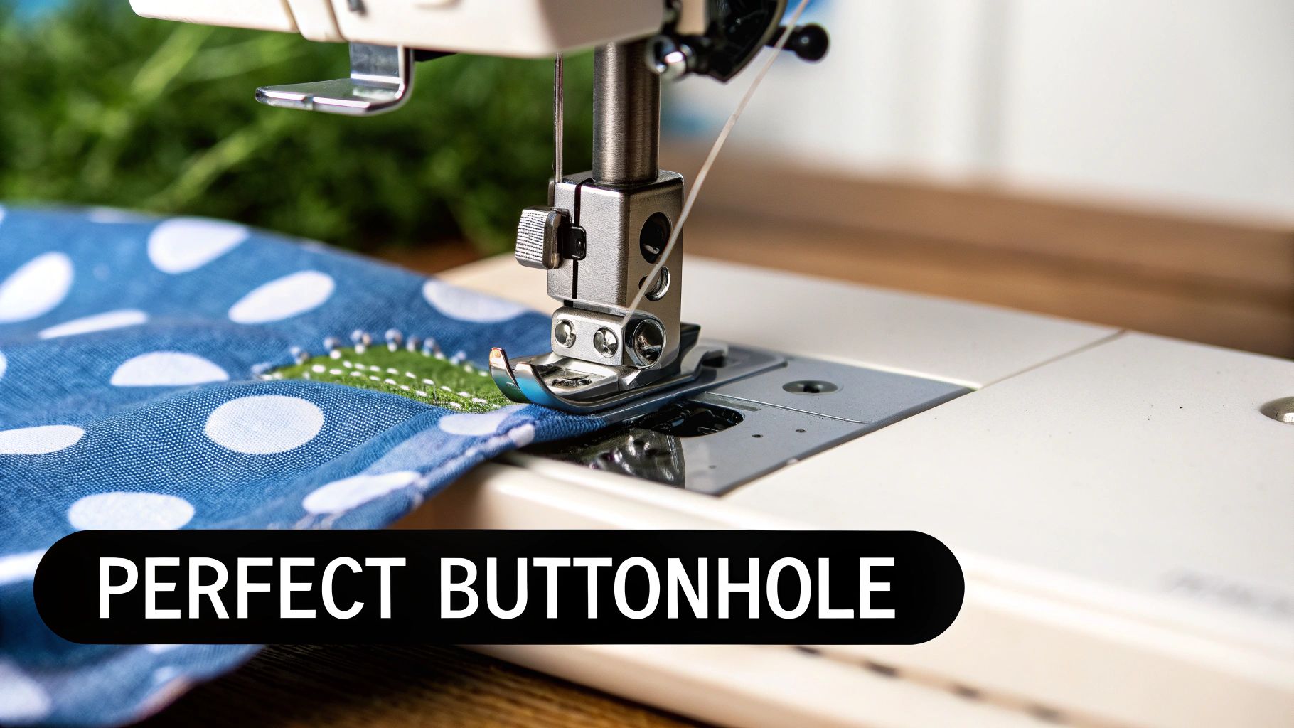 Close-up of a sewing machine stitching blue polka-dot fabric, making a perfect buttonhole.