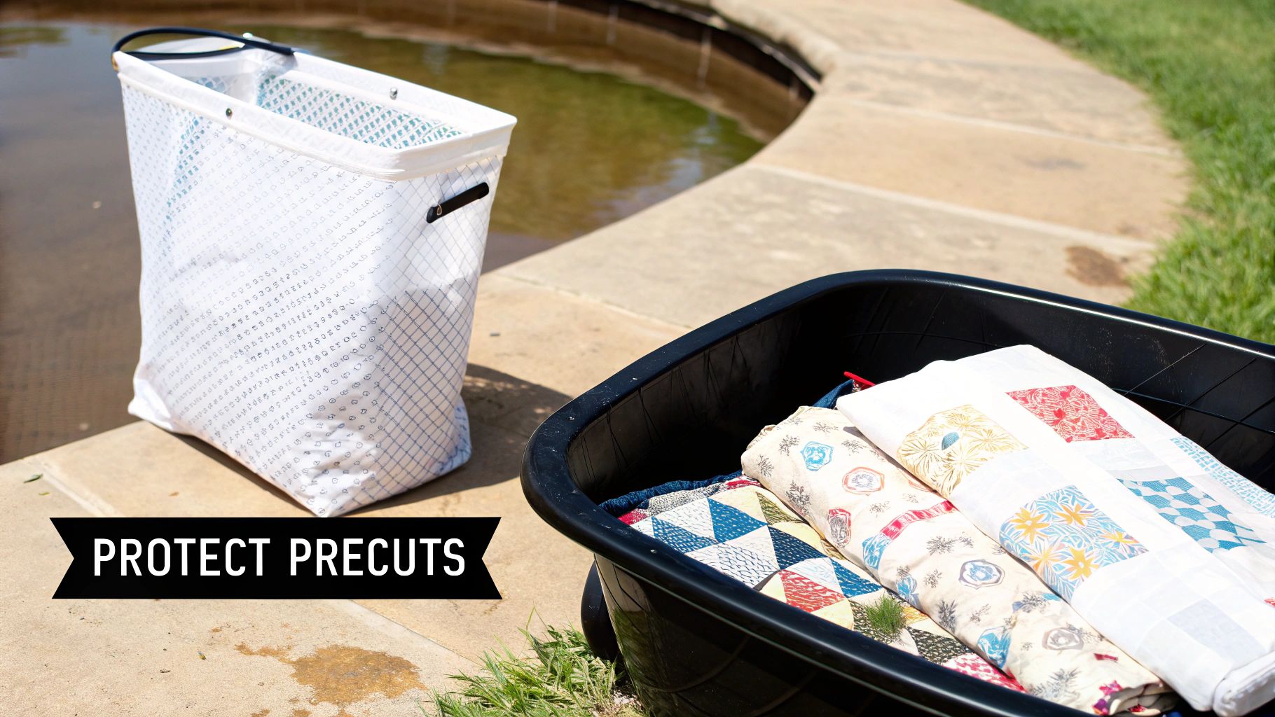 A white mesh bag and a black bin filled with colorful, folded quilting fabric precuts next to a pool.