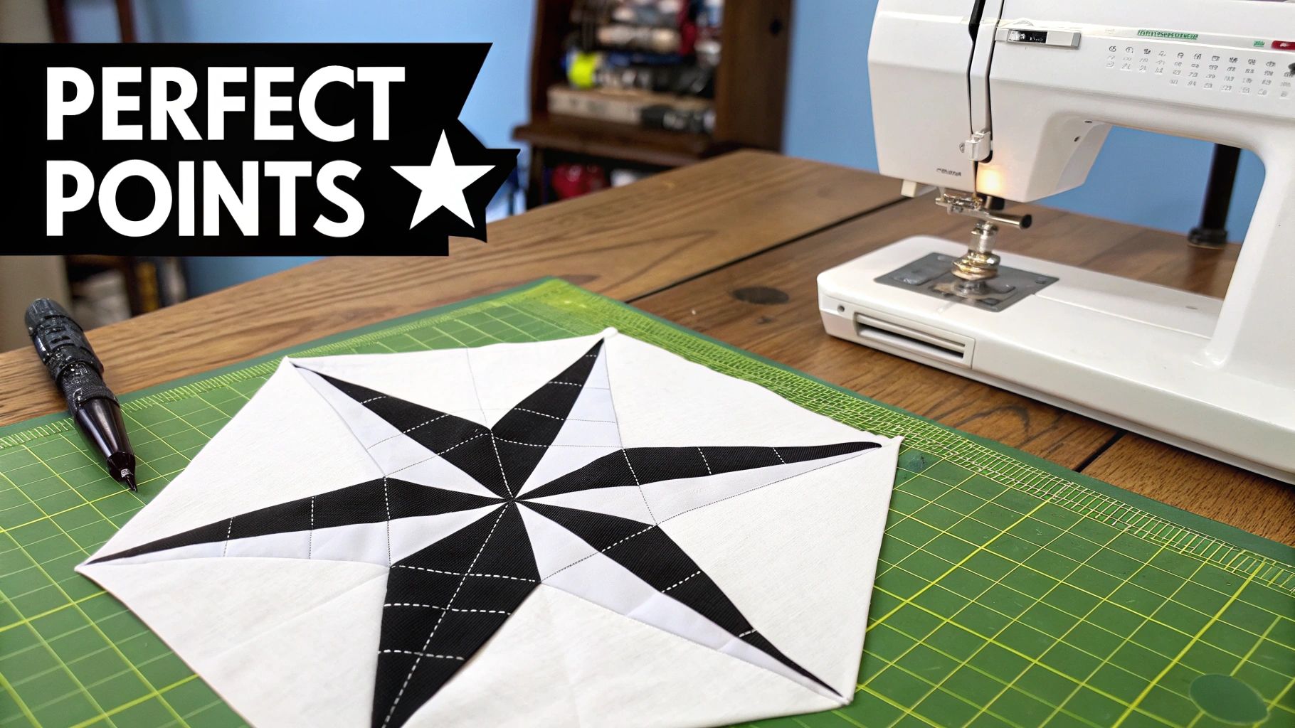 A sewing workstation with a black and white quilted star block, a sewing machine, and a pen on a green mat.