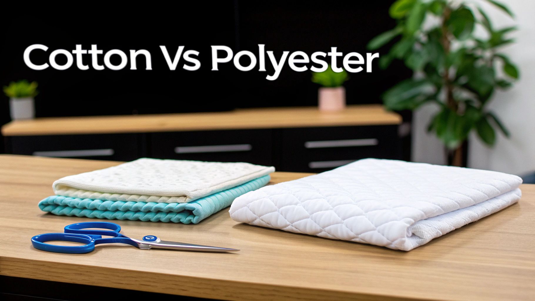 Folded cotton and polyester fabrics with scissors on a wooden table, text 'Cotton Vs Polyester'.