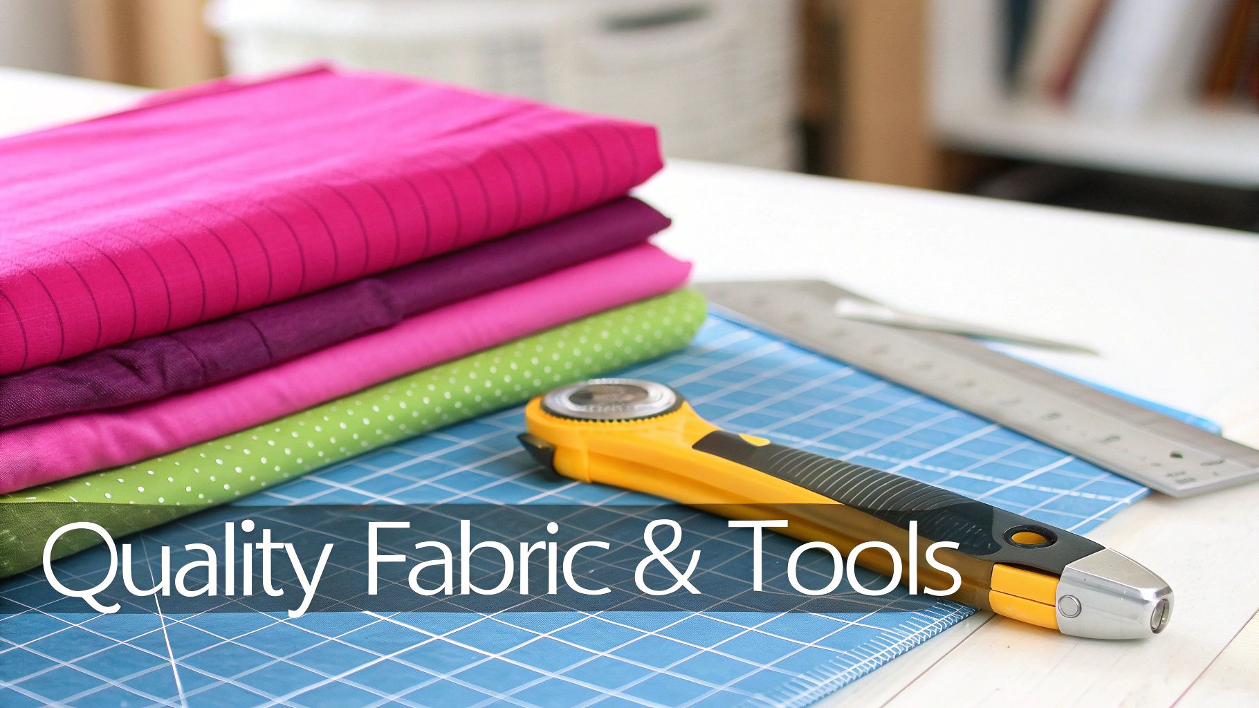 Colorful quilting fabrics stacked on cutting mat with rotary cutter and quilting tools