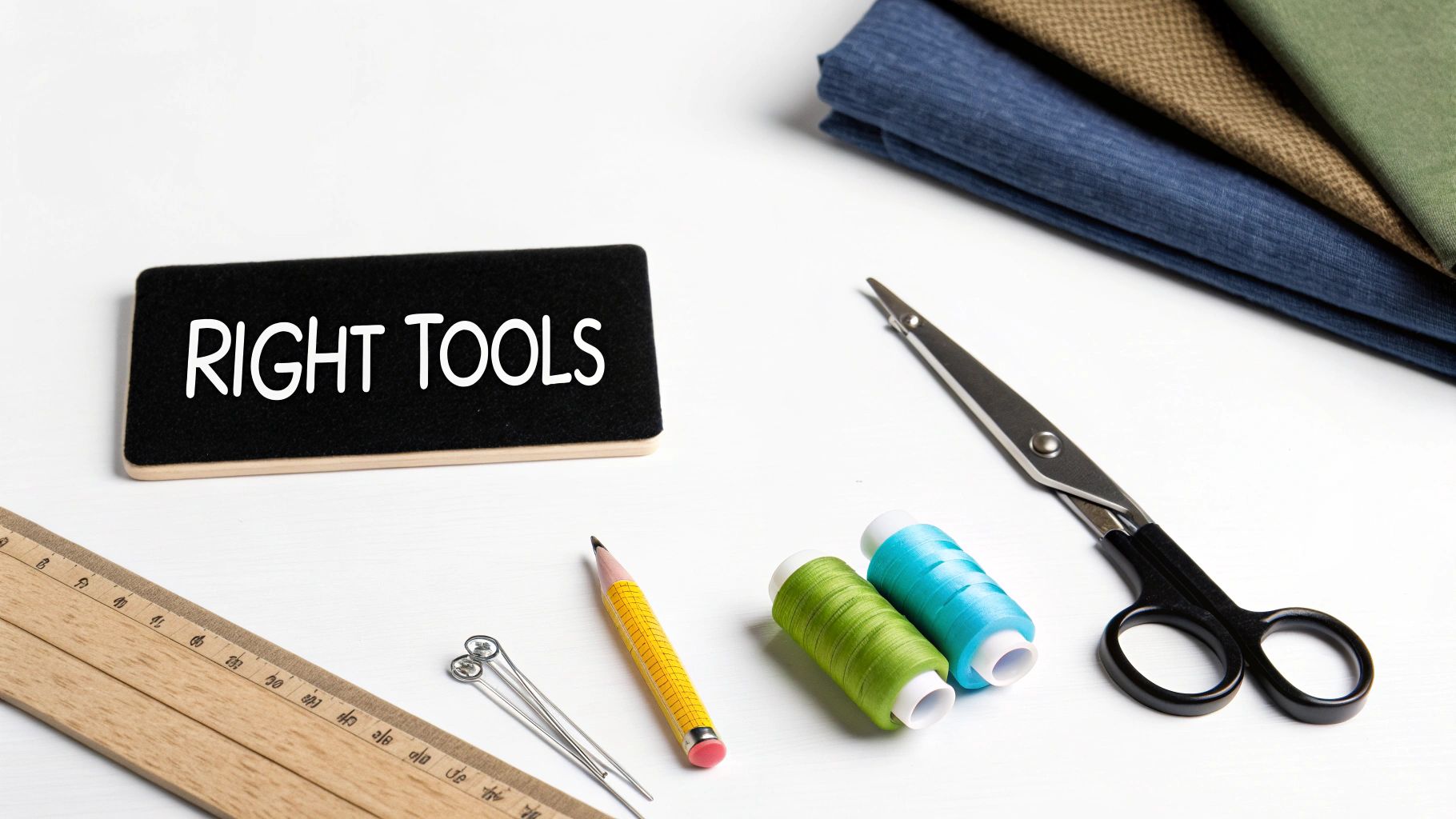 A collection of sewing tools including needles, thread, and scissors laid out on a table.