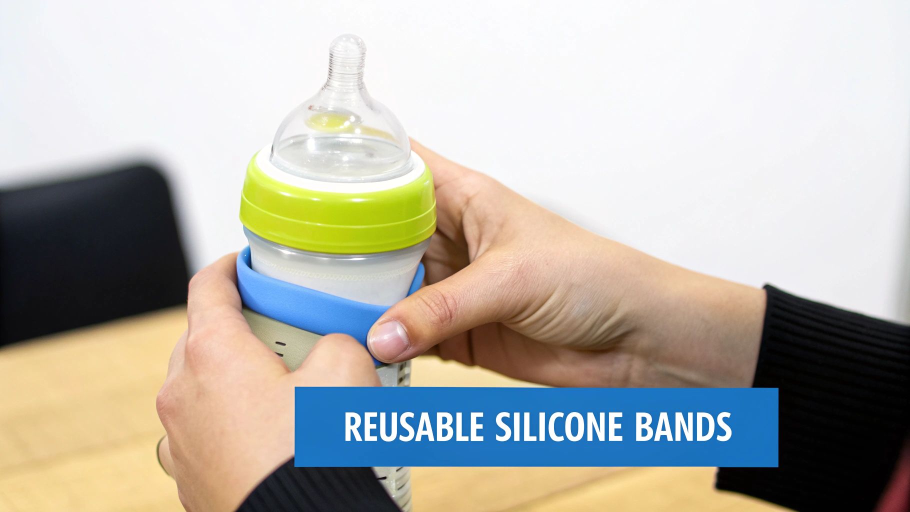 Close-up of hands holding a baby bottle with vibrant reusable silicone bands, promoting baby product use.