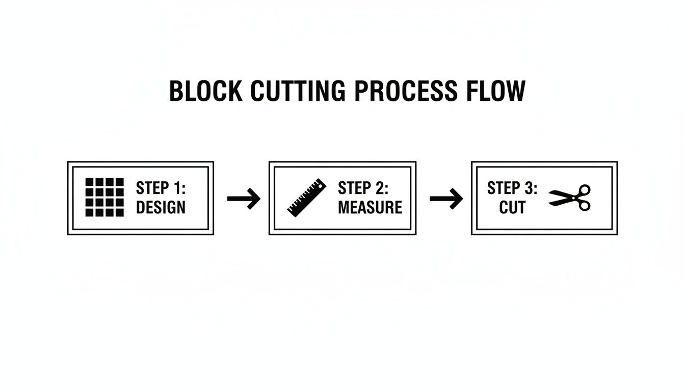 A block cutting process flow diagram illustrating three steps: design, measure, and cut.