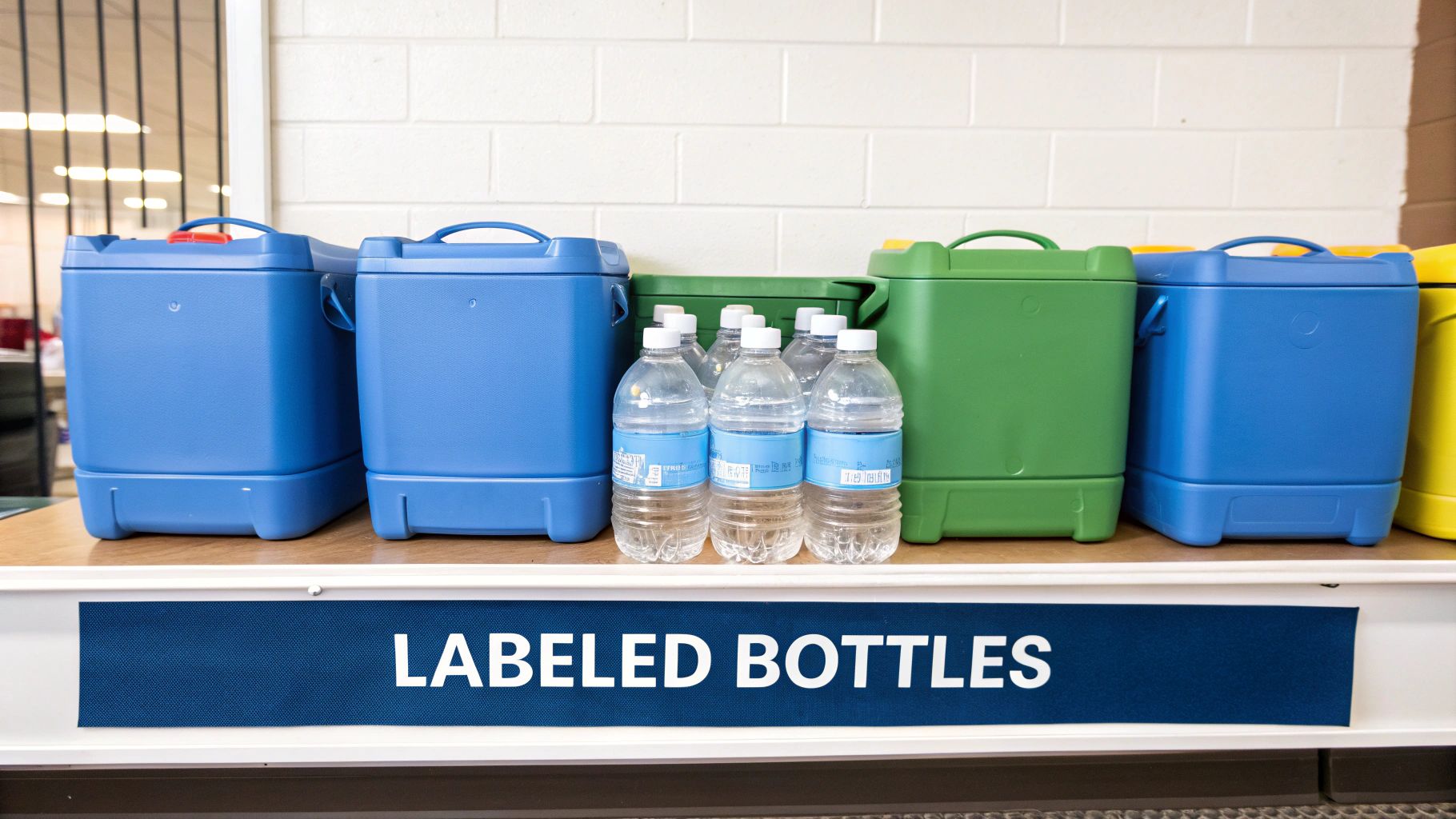 Several blue and green plastic containers on a shelf, with a row of labeled plastic water bottles.