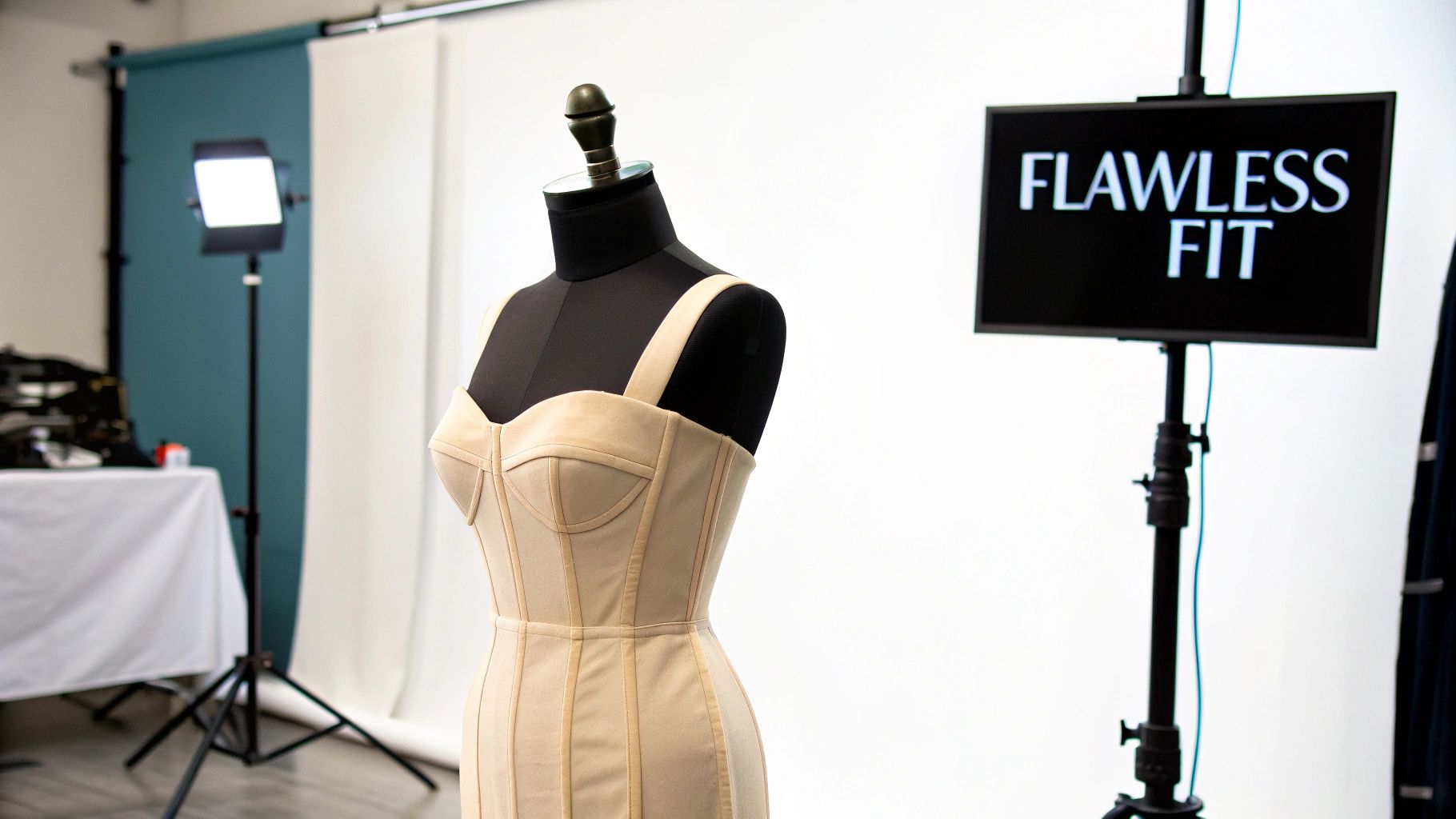 Cream colored corset dress with princess seams displayed on black dress form in professional studio