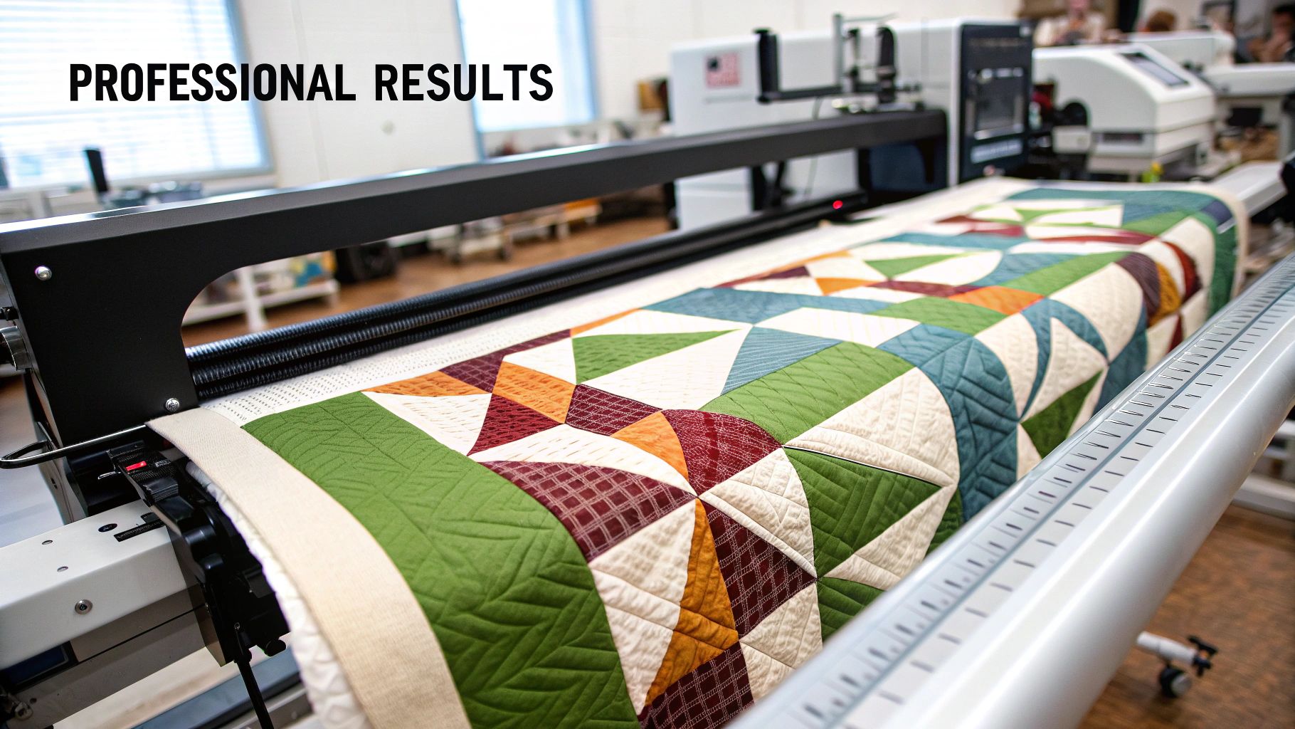 A vibrant, professionally quilted blanket with geometric patterns on a long-arm quilting machine.
