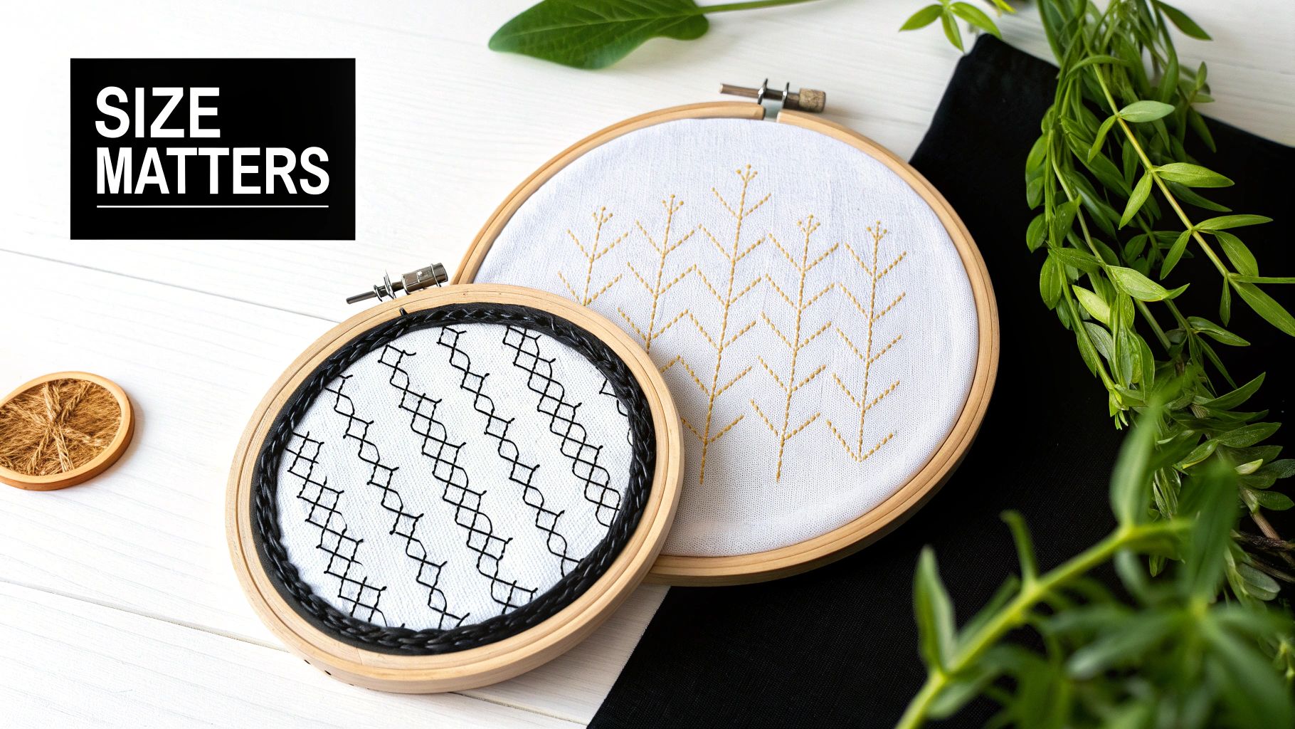 Two different sized embroidery hoops display unique black and gold stitch patterns with text 'SIZE MATTERS'.