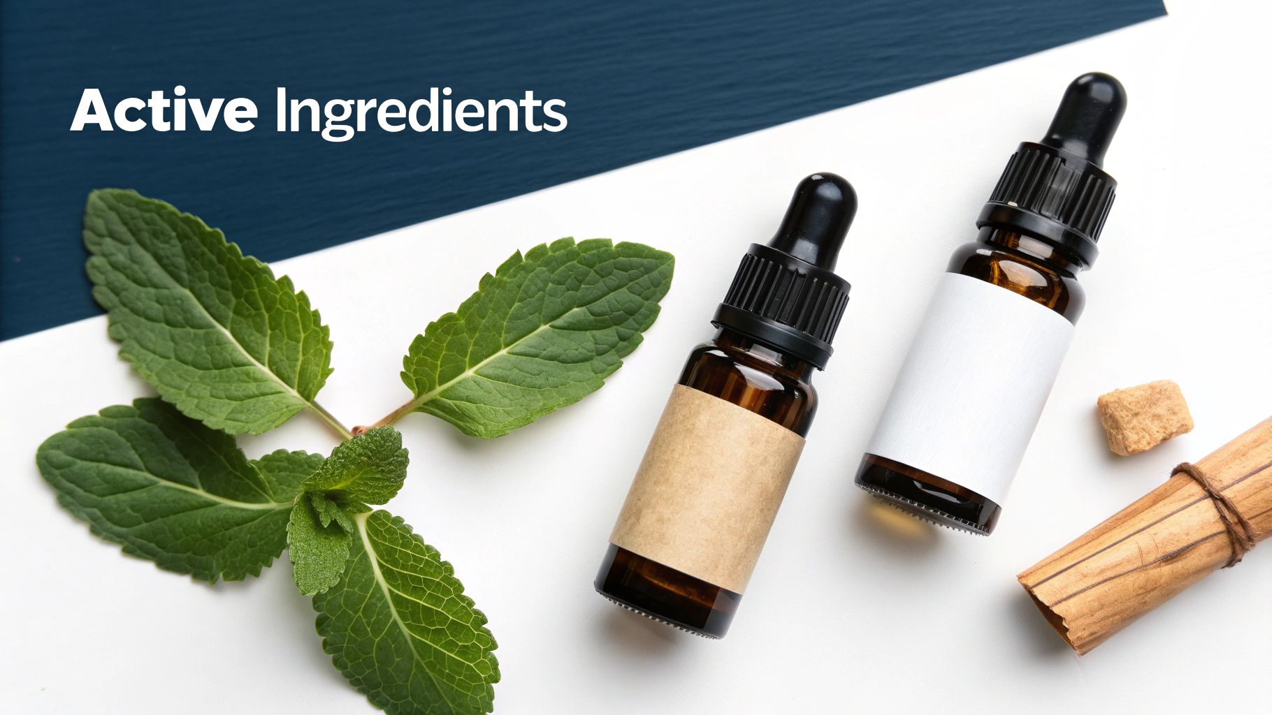 Top-down view of two amber dropper bottles, fresh mint leaves, cinnamon stick, and a brown cube on a white and blue background, with 'Active Ingredients' text.