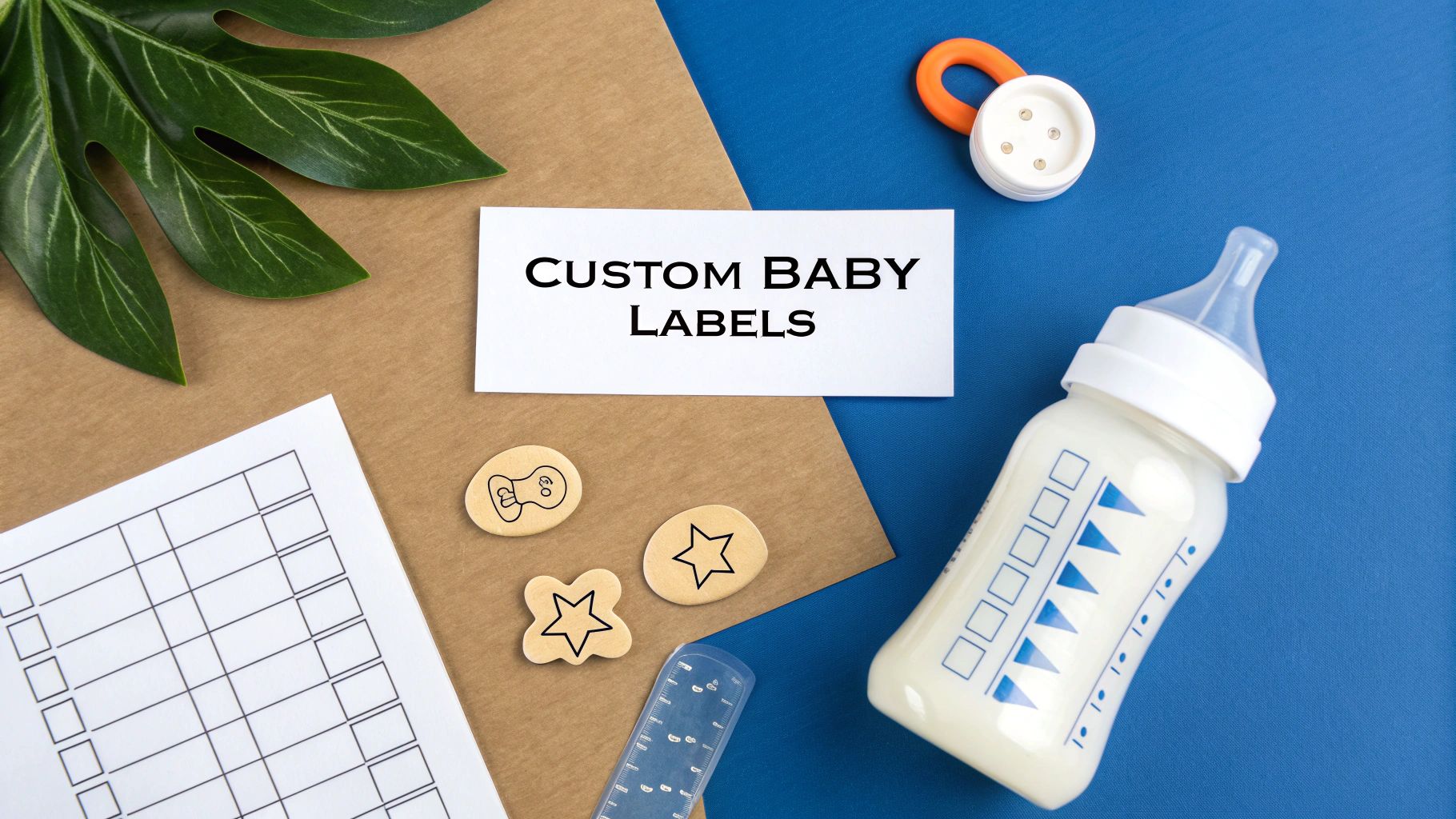 A flat lay of custom baby labels, a baby bottle with milk, and various baby items on blue and brown background.