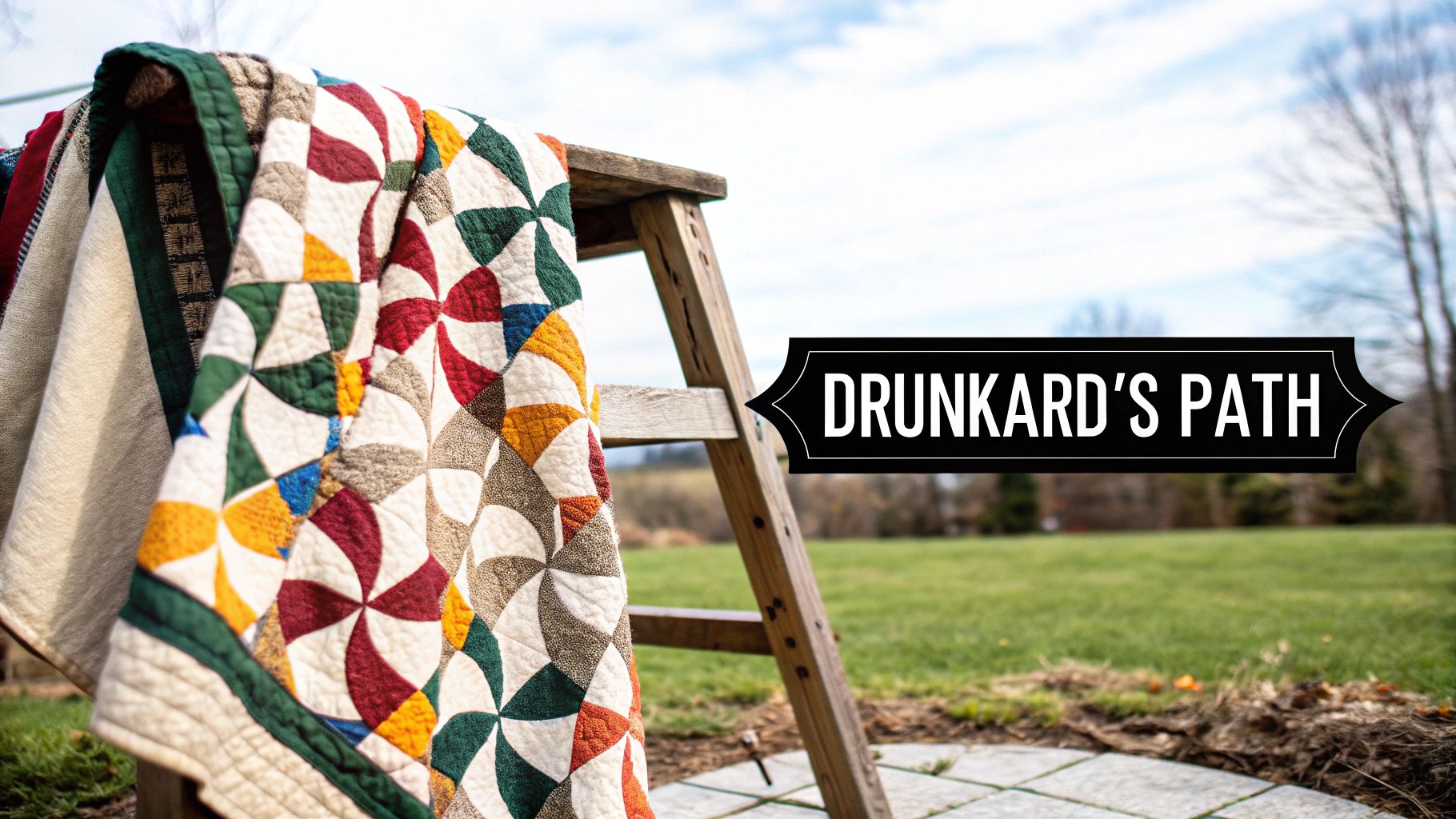 A vibrant Drunkard's Path quilt draped over a wooden ladder outdoors on a sunny day.