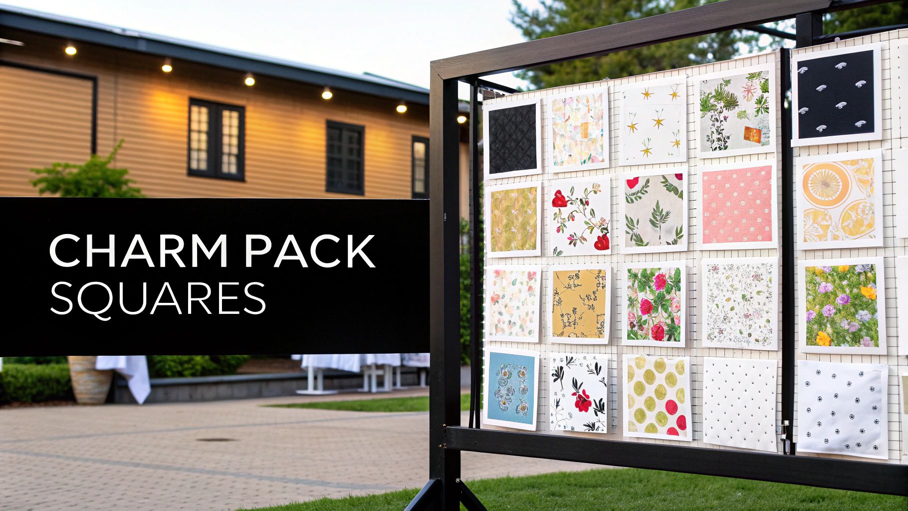 A large outdoor display showcasing numerous patterned fabric charm pack squares, with a building in the background.