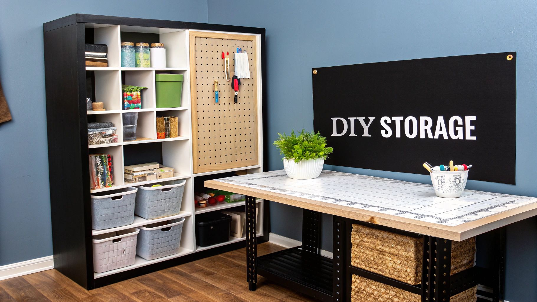 A well-organized DIY or craft room featuring a storage shelf, pegboard, and crafting table.