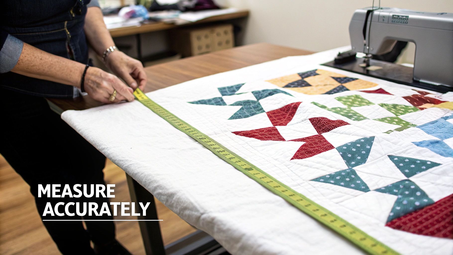 A person using a rotary cutter and ruler to cut fabric for a quilt backing.
