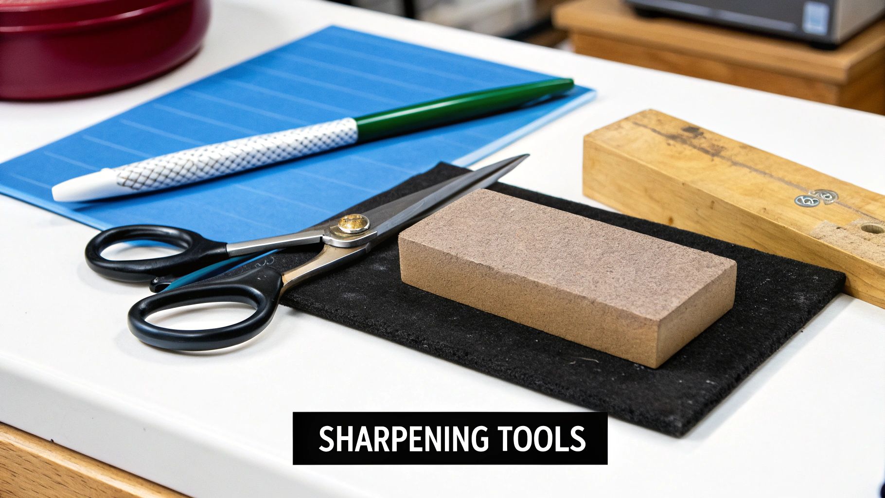 A pair of classic silver sewing scissors resting on a wooden surface next to a sharpening stone.