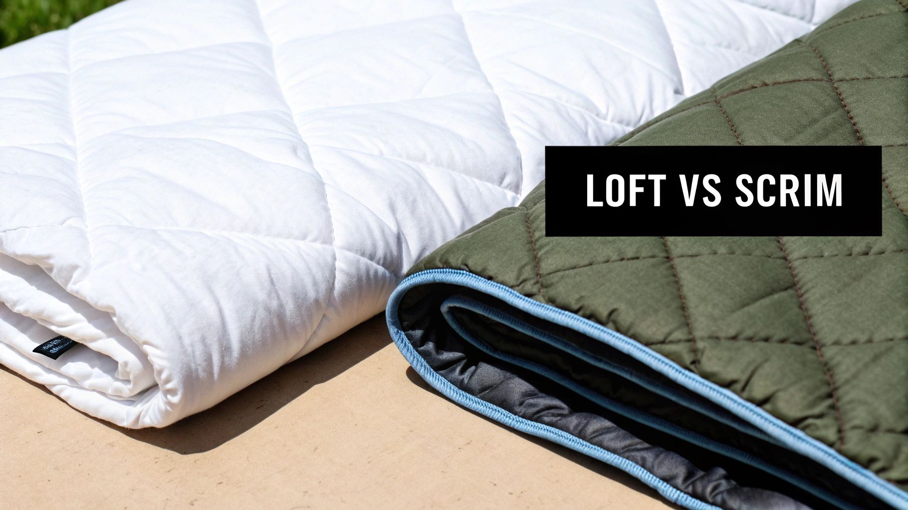 Close-up of two quilted blankets, one white and one olive green, with 'LOFT VS SCRIM' text.