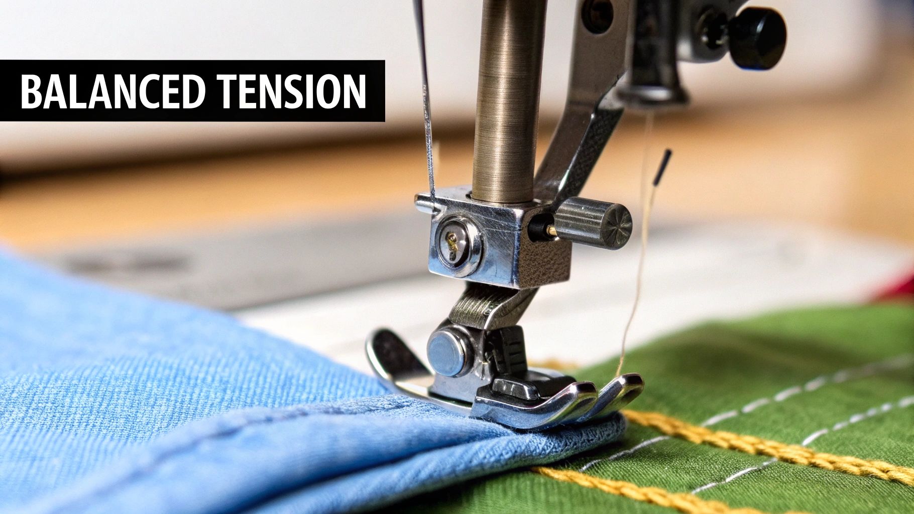 A close-up shot of perfect machine quilting stitches, showing the top and bobbin threads locking neatly between the fabric layers.
