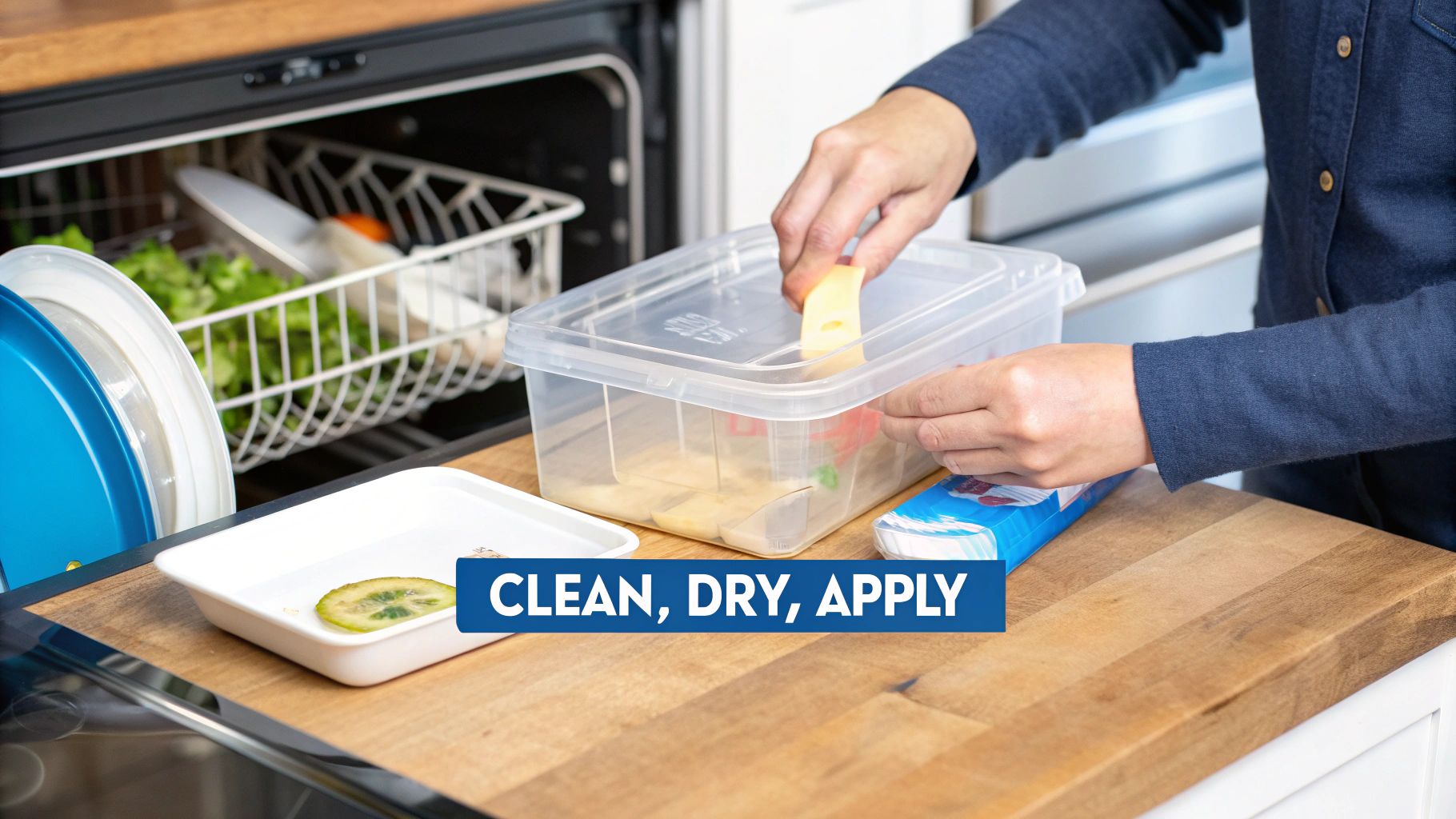 Hands cleaning a clear food storage container on a wooden counter with a dishwasher in the background.