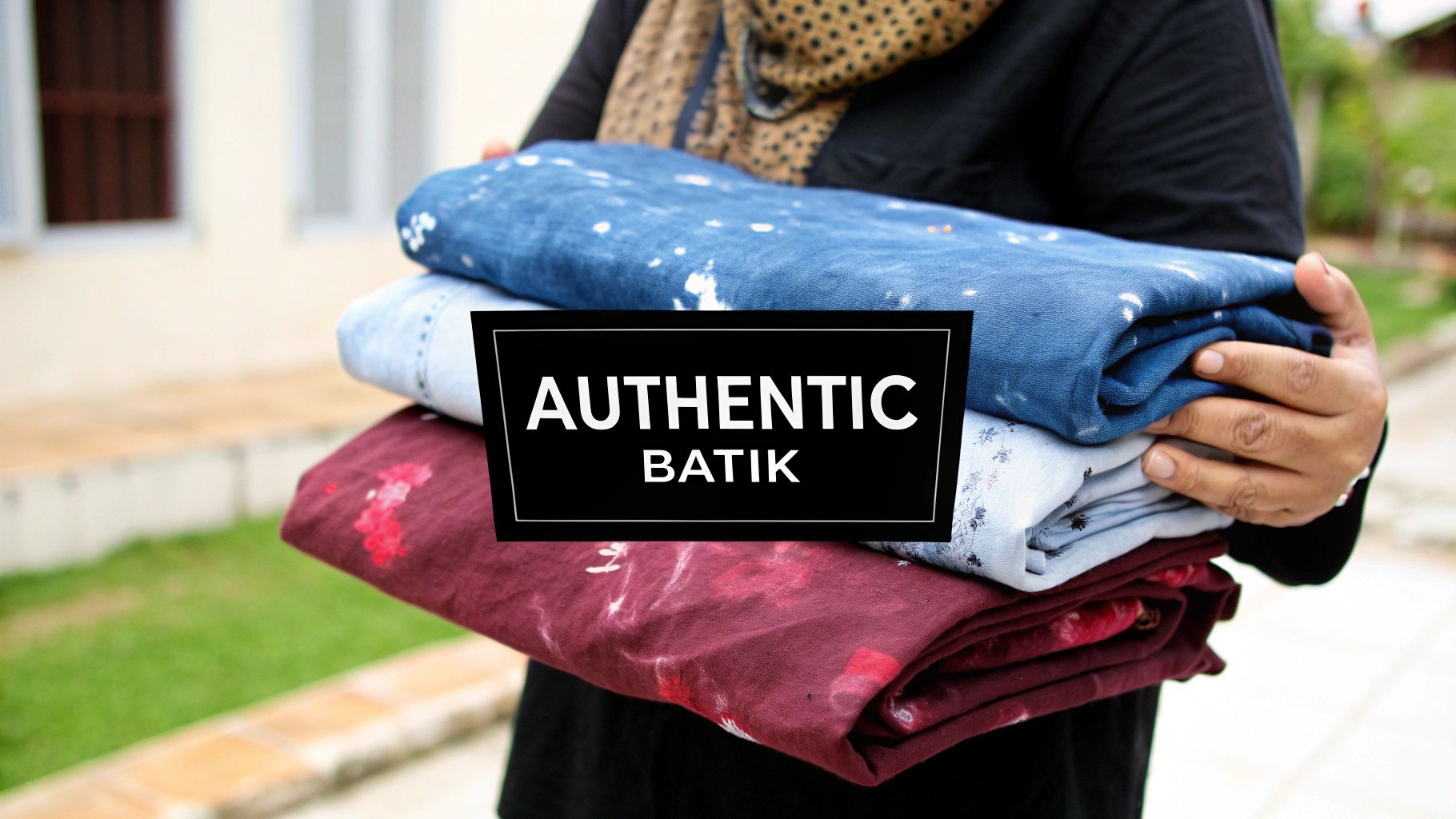 A person holds a stack of three colorful batik fabrics, blue, light blue, and maroon. The text 'AUTHENTIC BATIK' is overlayed.
