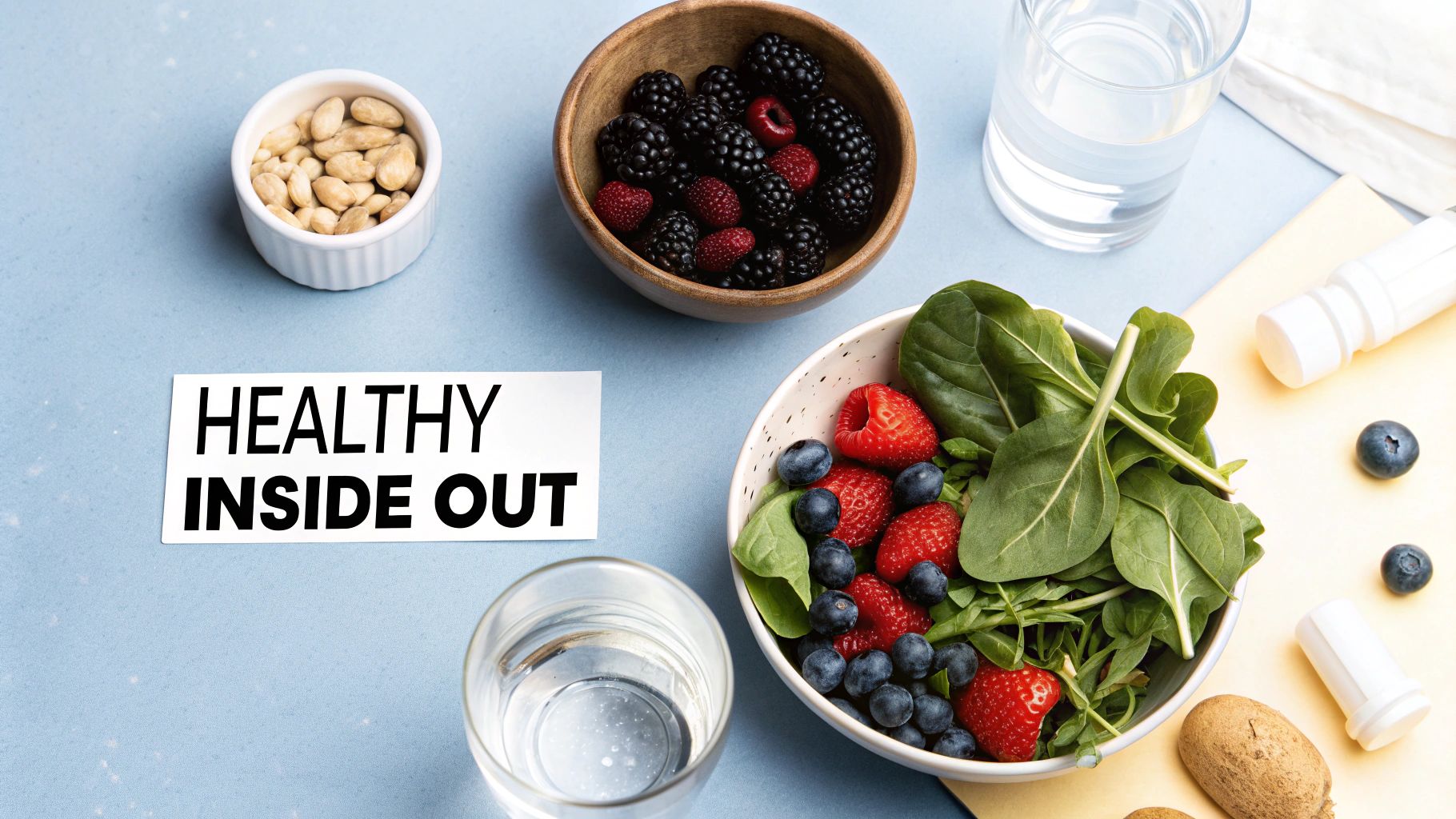 A top-down view of various healthy foods including berries, spinach salad, nuts, and water glasses, with a 'HEALTHY INSIDE OUT' note.