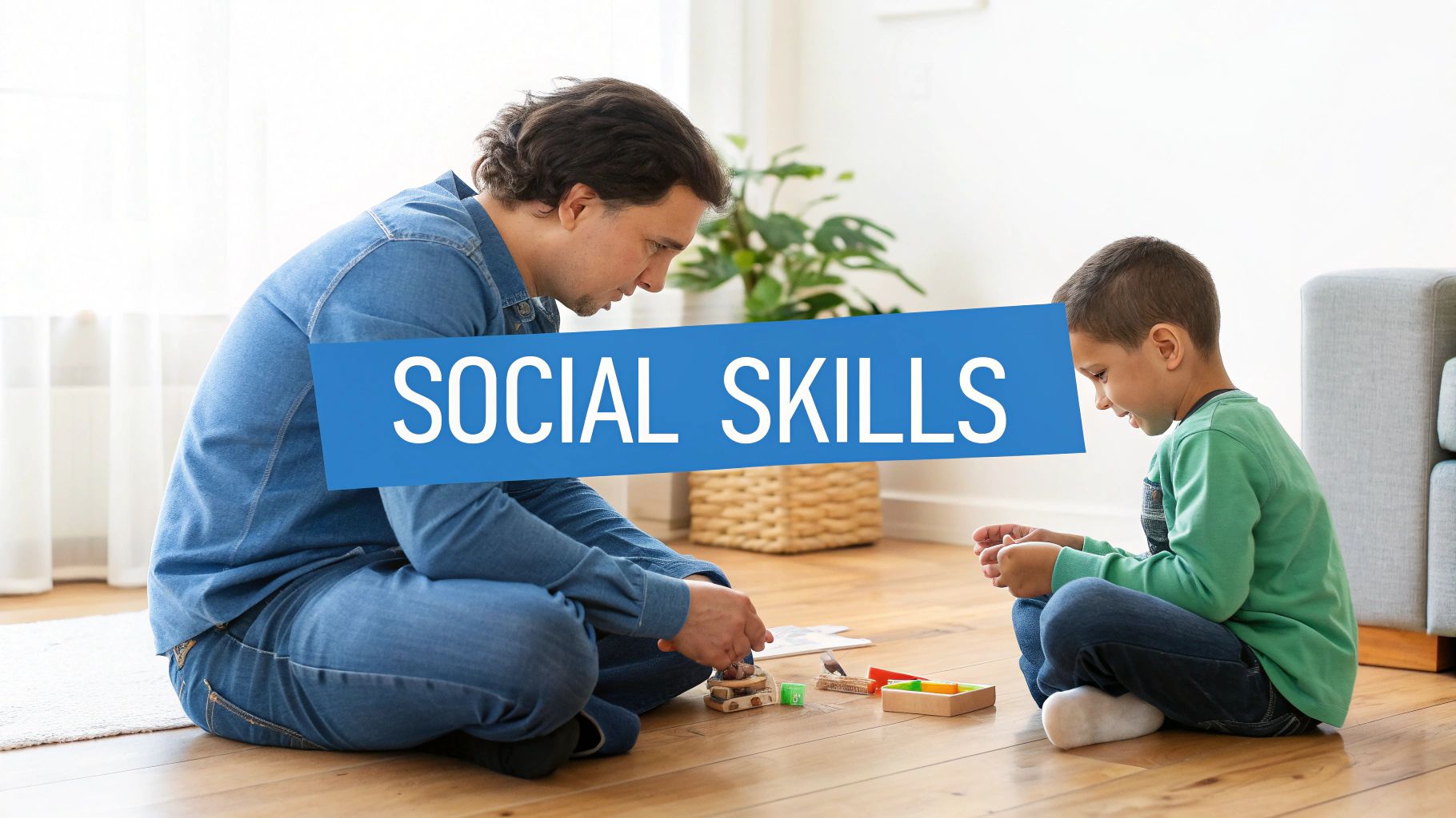 Father and son playing with toys on the floor, focusing on social skills development.