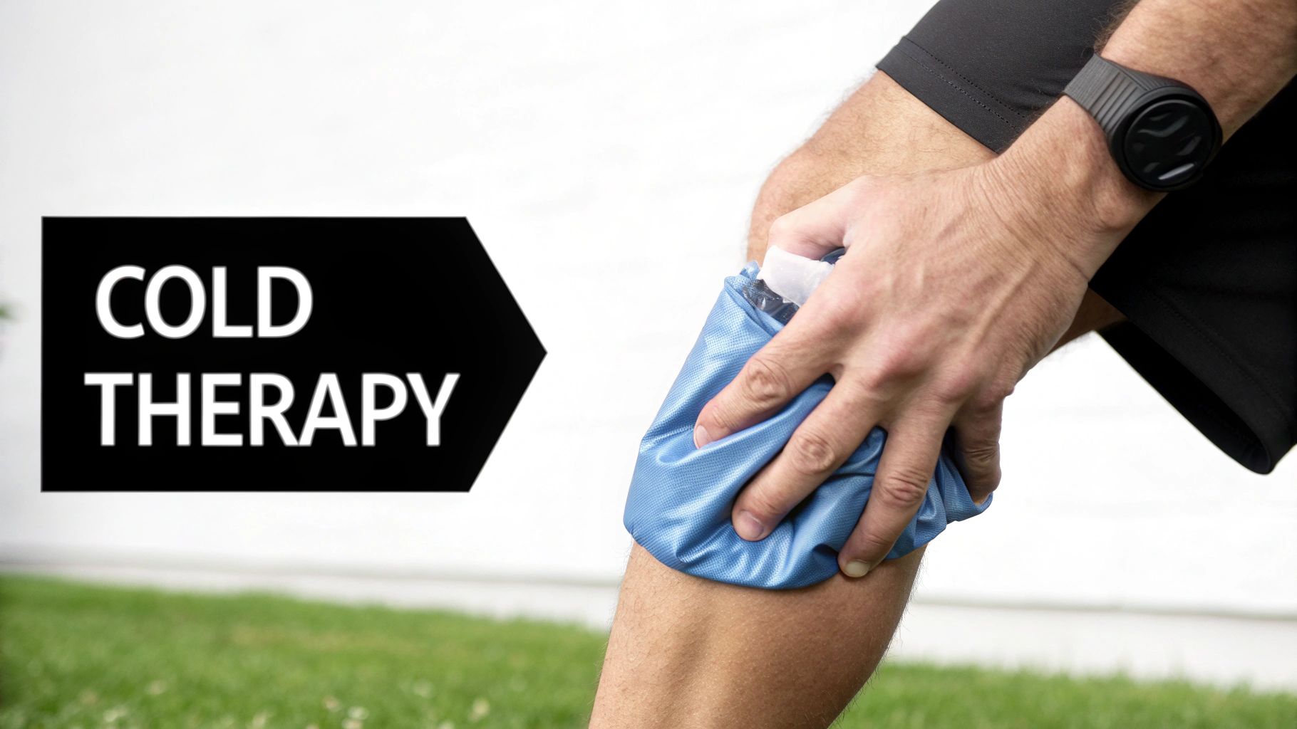 A person applies a blue ice pack to their knee, with a 'COLD THERAPY' sign.