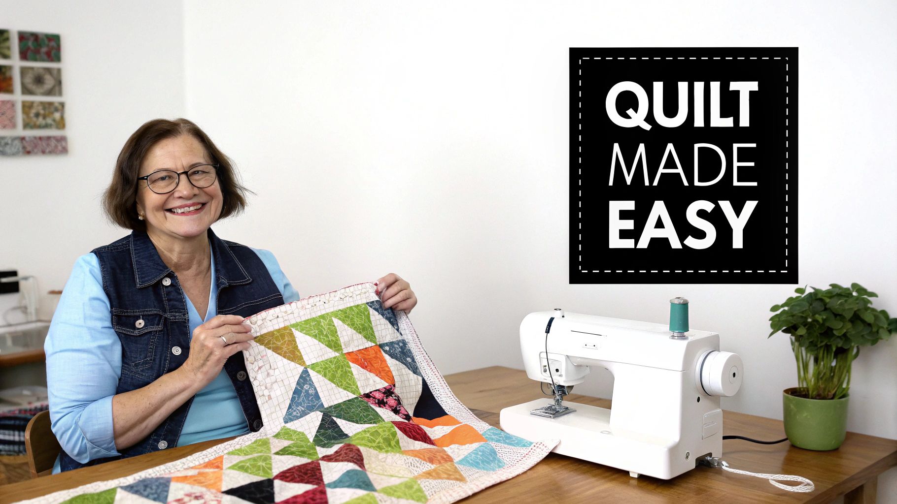 A smiling woman in glasses holds a colorful quilt next to a sewing machine, with a "QUILT MADE EASY" sign.