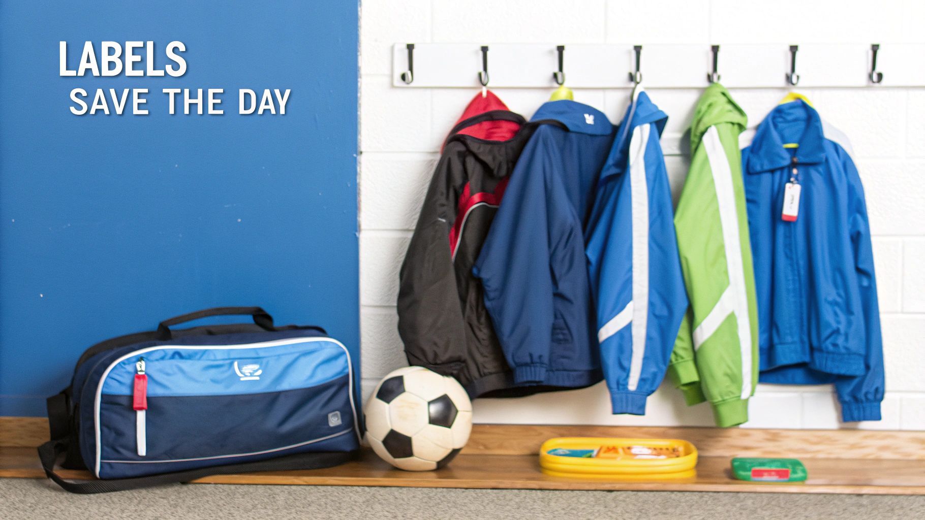 A school entryway or locker room with labeled jackets, a duffel bag, and sports equipment, highlighting organization.