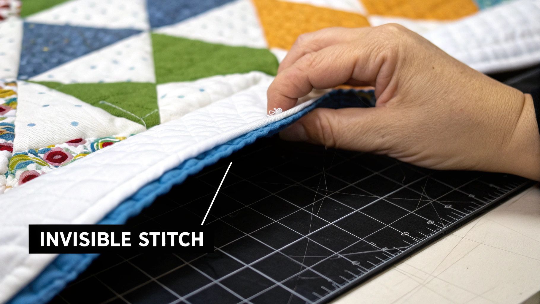 A hand demonstrates an invisible stitch on a quilt's blue binding, over a black cutting mat.