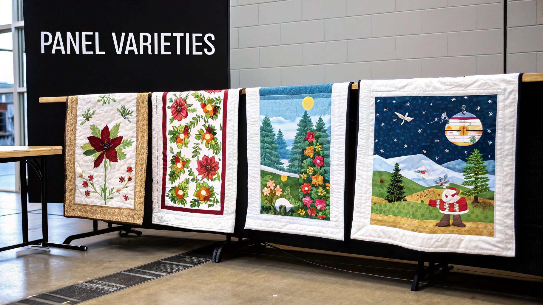 Four diverse quilted fabric panels featuring floral designs, a summer landscape, and a winter Santa scene.